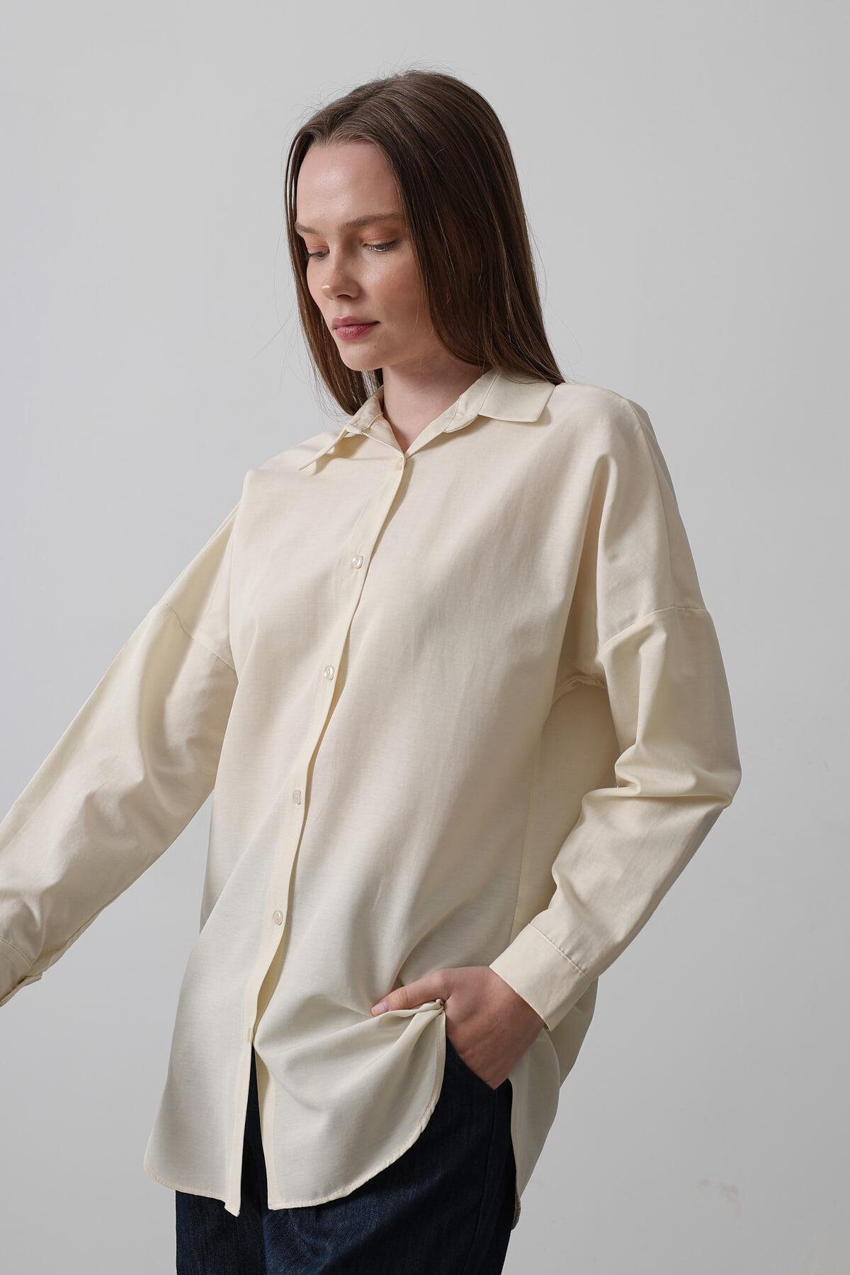 Ekru Uzun Kol Oversize Gömlek