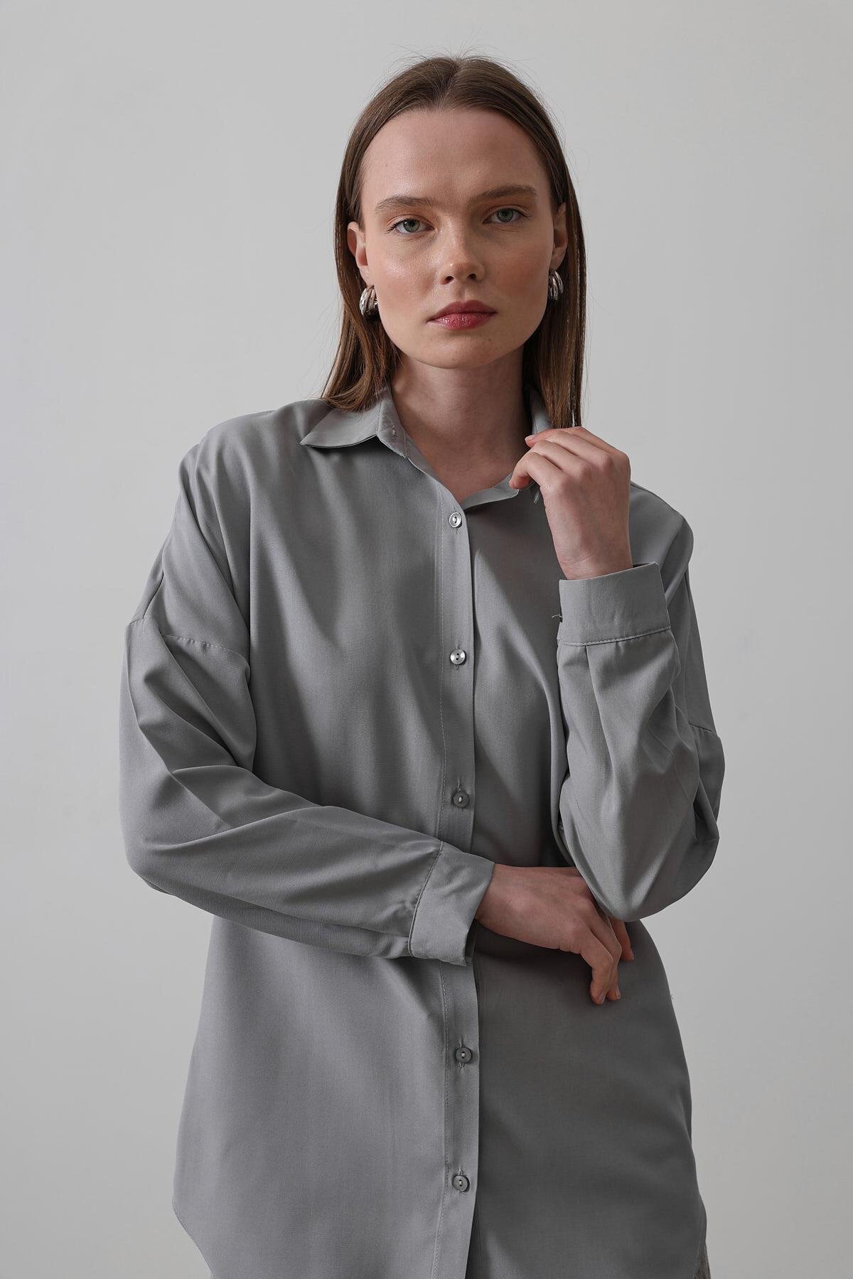 Gri Uzun Kol Oversize Gömlek