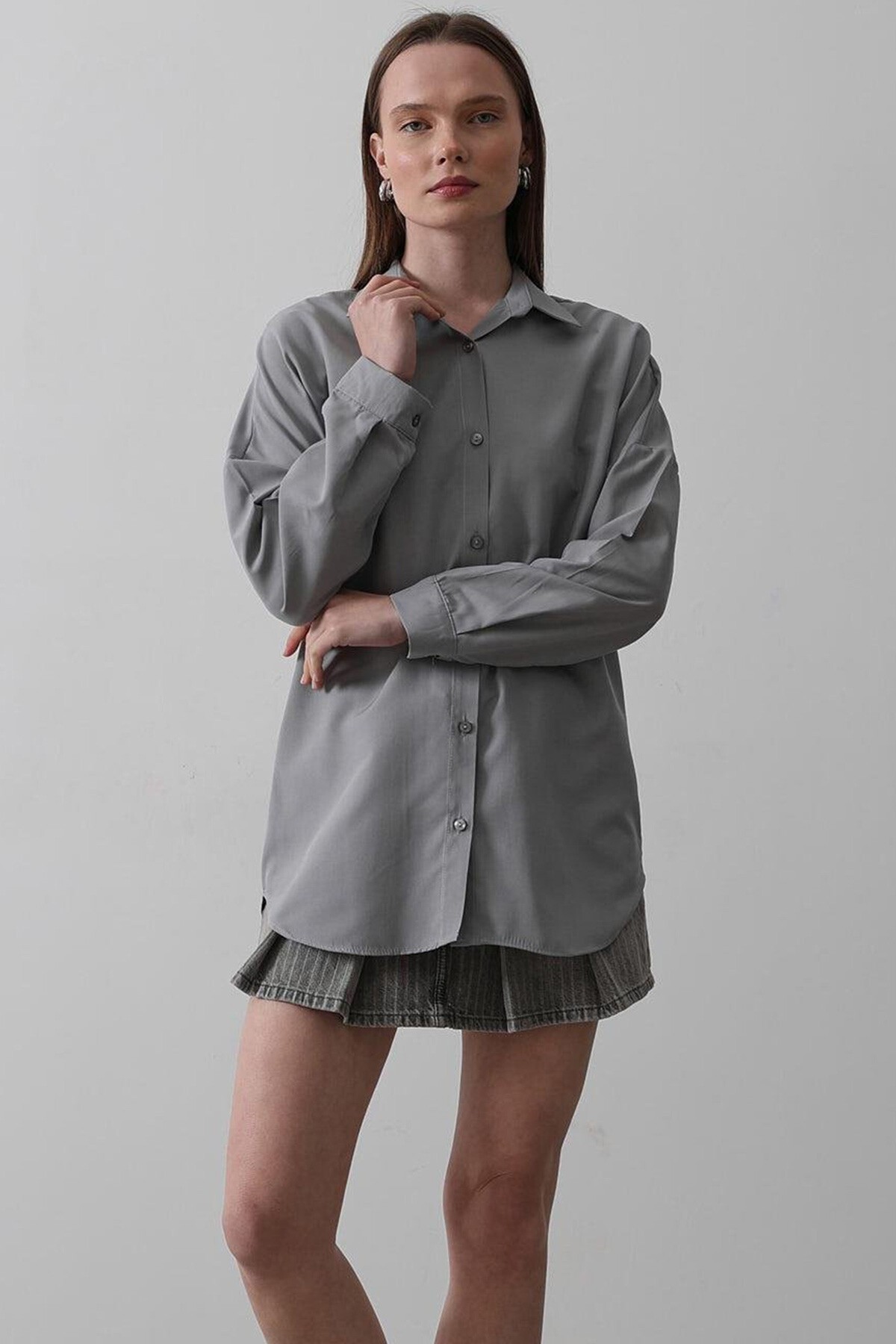 Gri Uzun Kol Oversize Gömlek