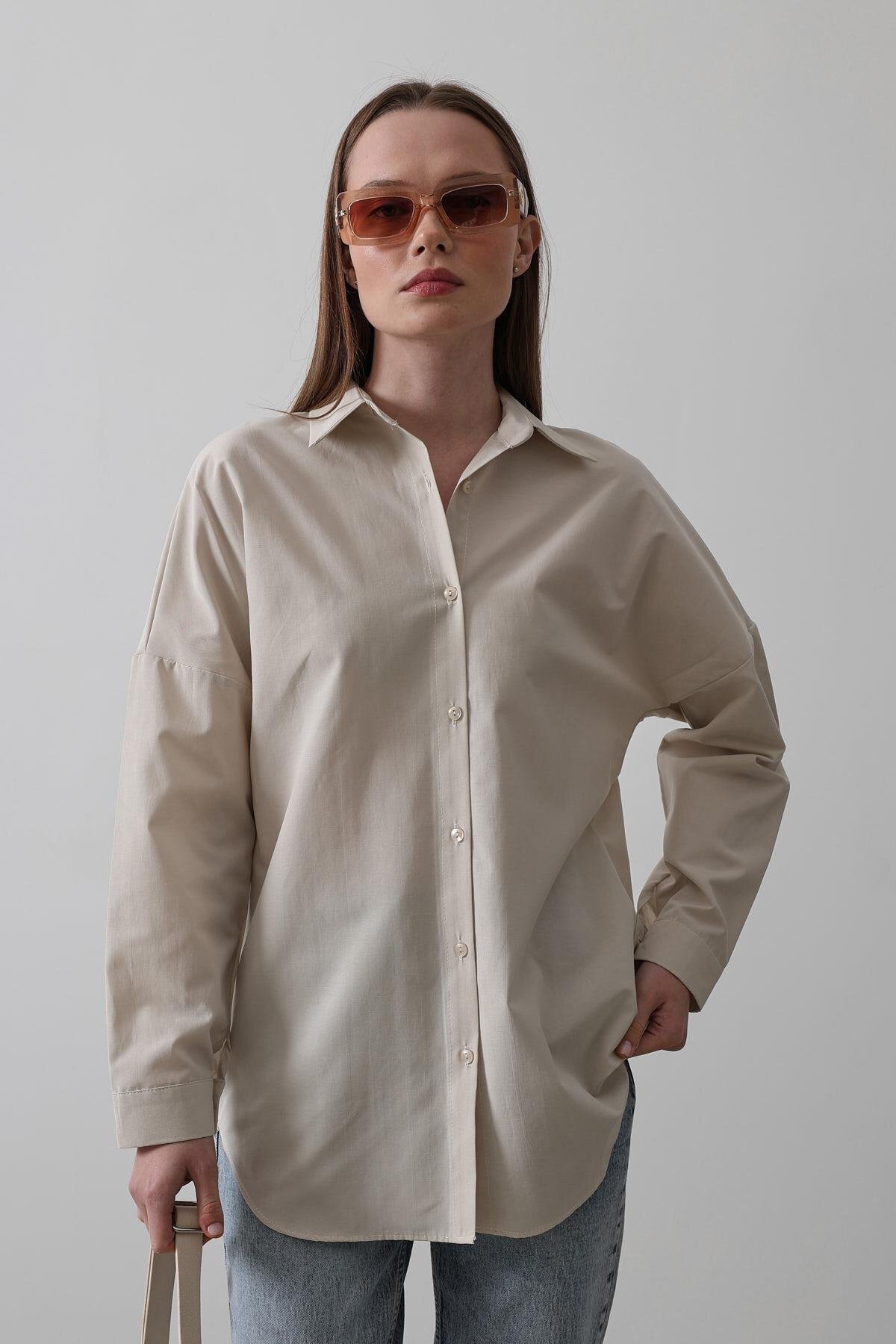 Bej Uzun Kol Oversize Gömlek