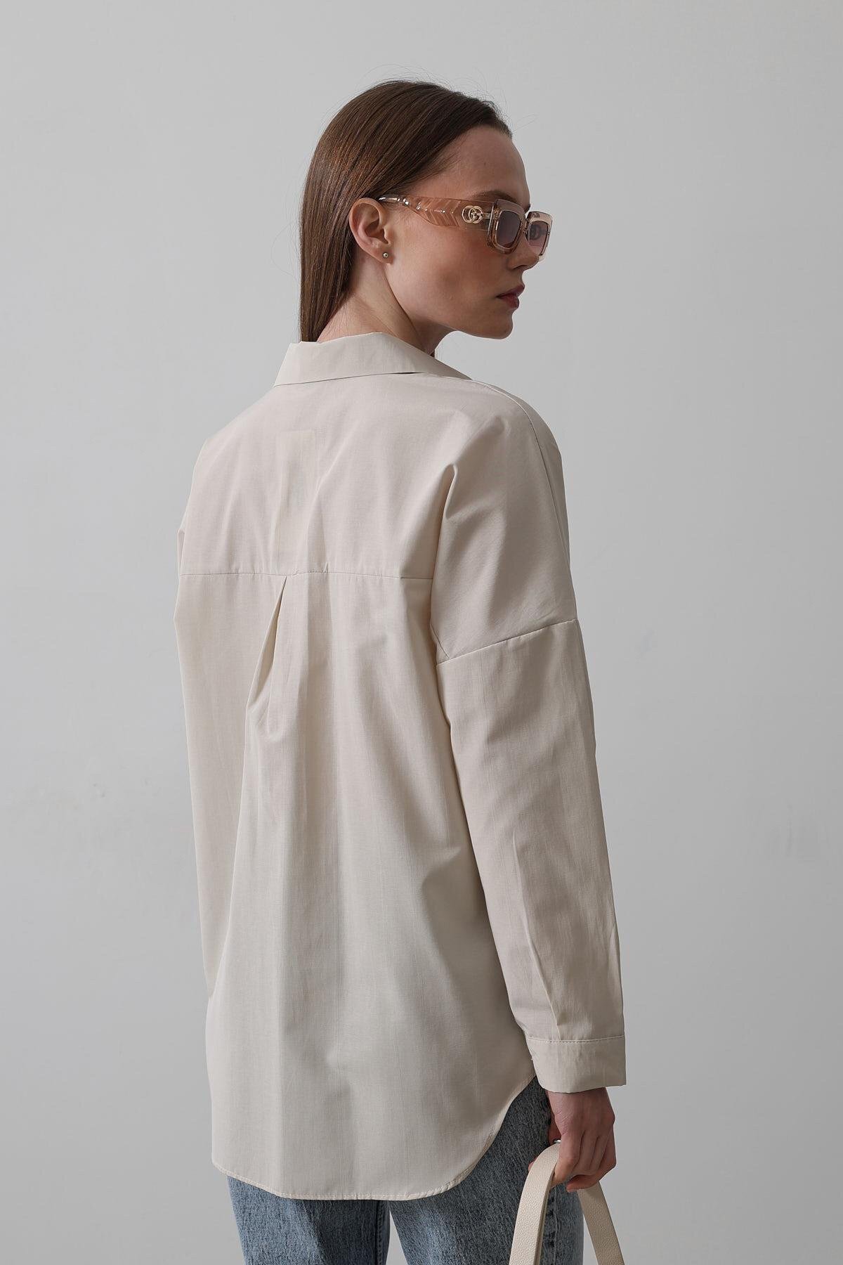 Bej Uzun Kol Oversize Gömlek