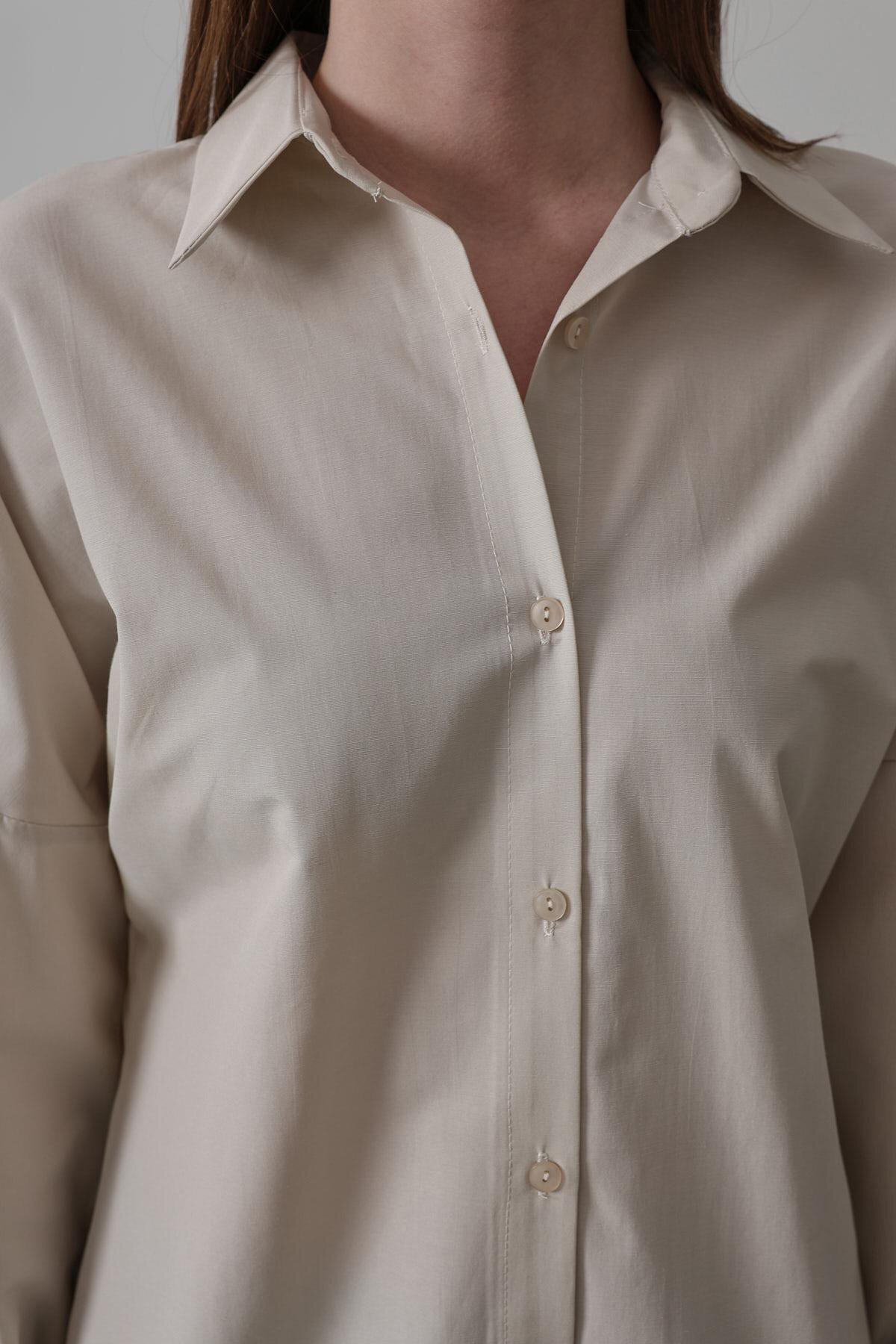 Bej Uzun Kol Oversize Gömlek