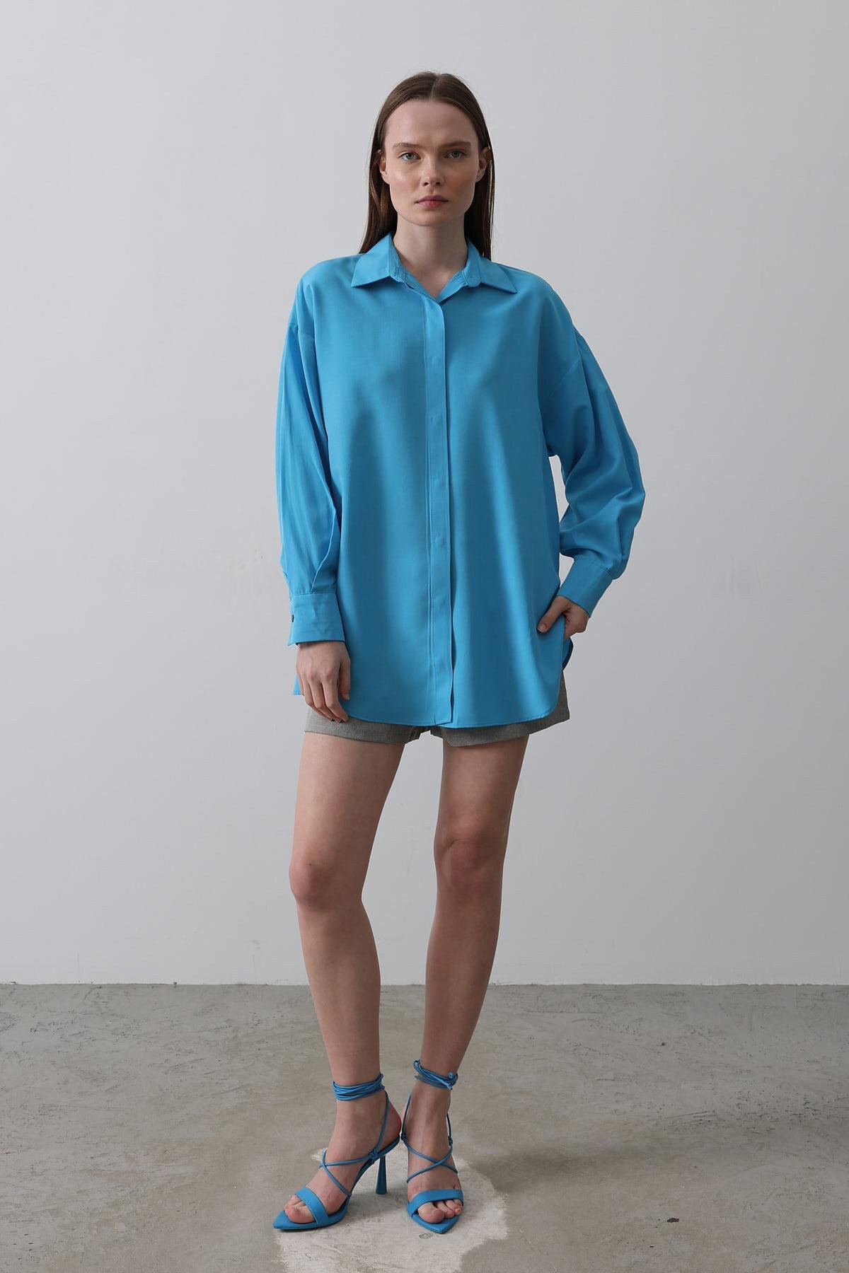 Turkuaz Uzun Kol Oversize Gömlek