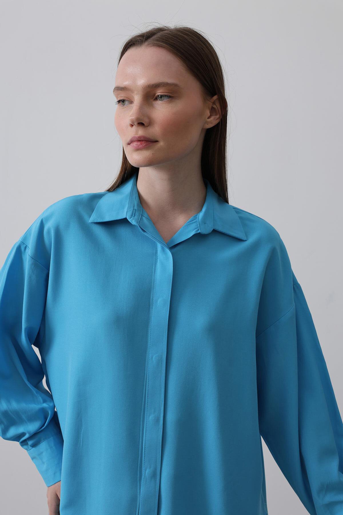 Turkuaz Uzun Kol Oversize Gömlek