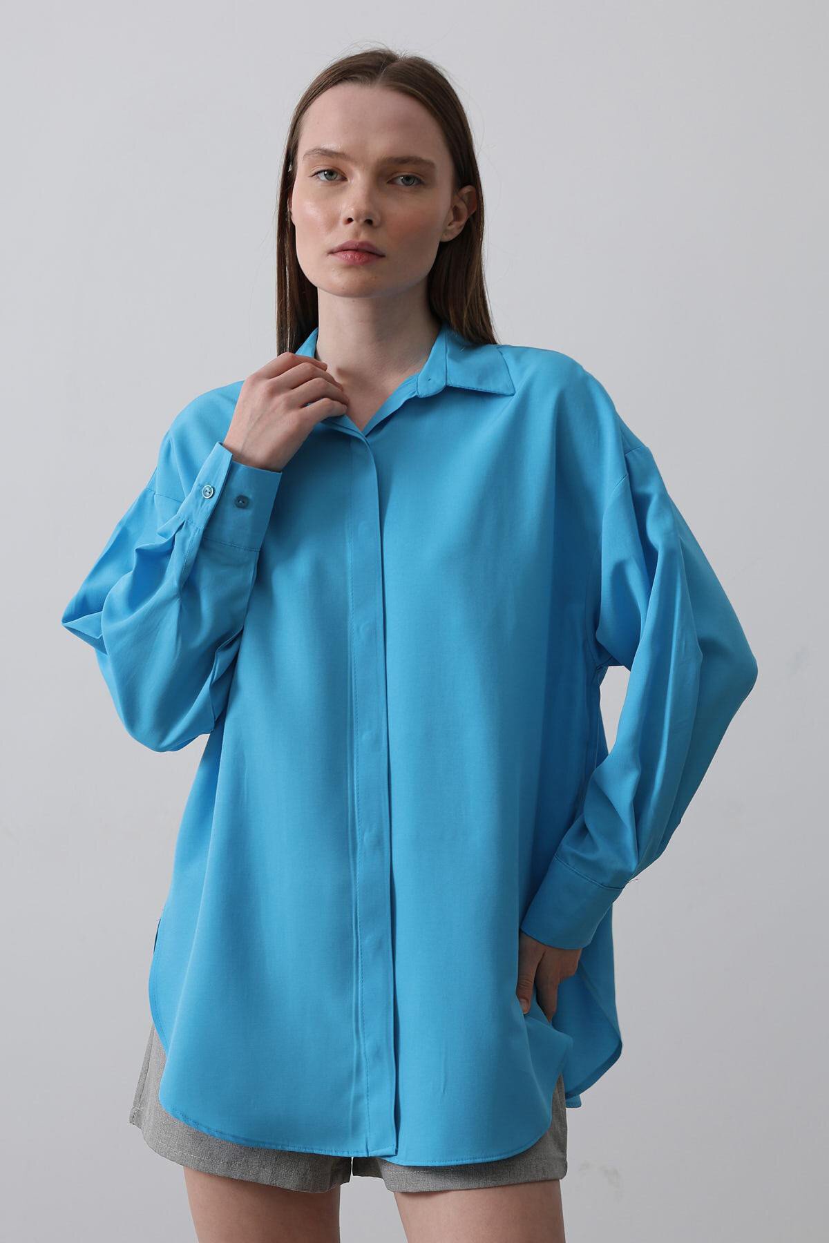 Turkuaz Uzun Kol Oversize Gömlek