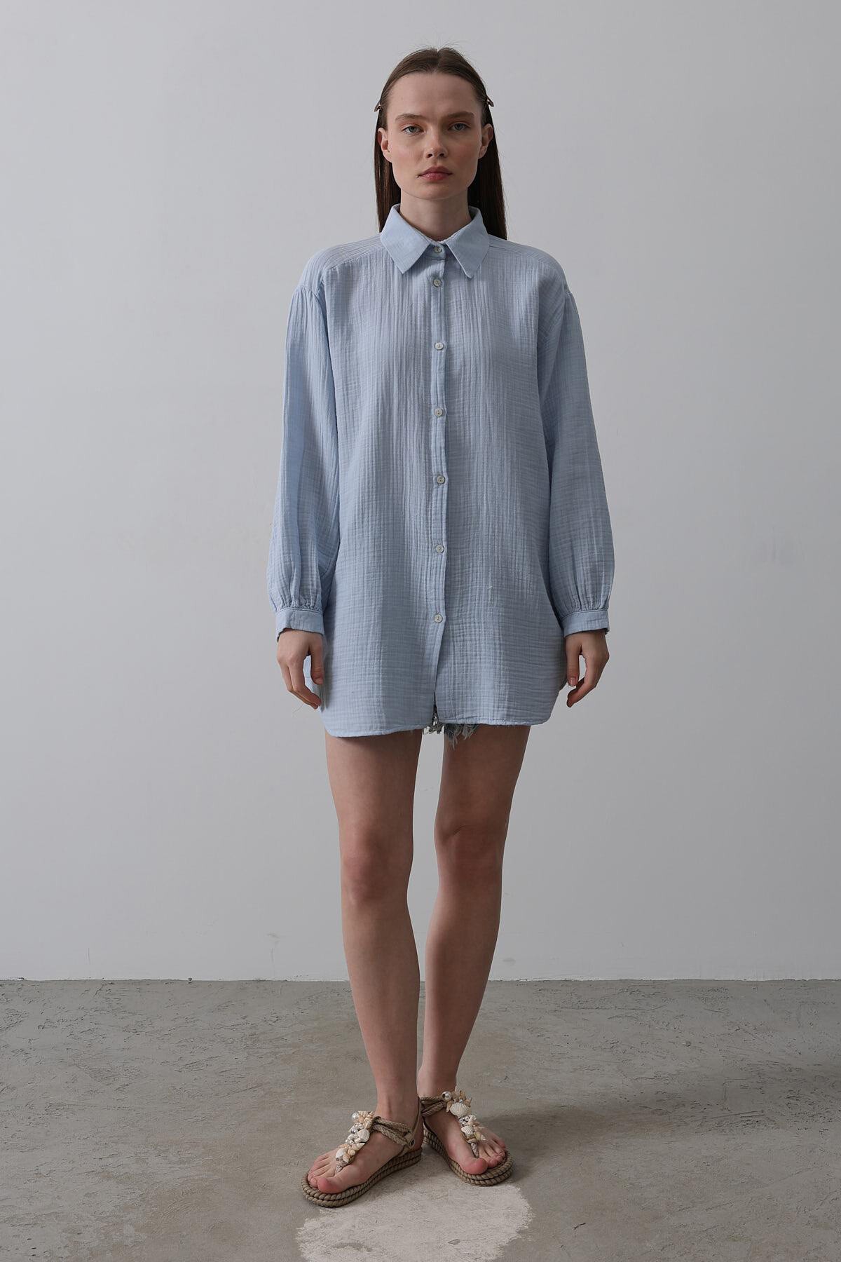 Bebe Mavisi Uzun Kol Oversize Gömlek