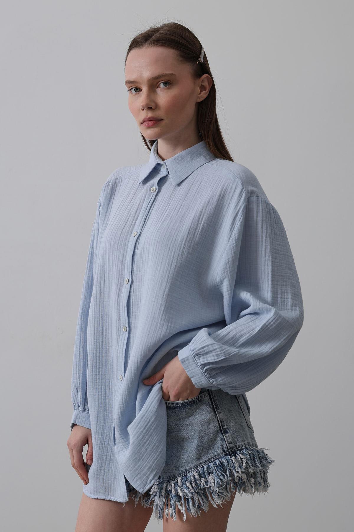 Bebe Mavisi Uzun Kol Oversize Gömlek