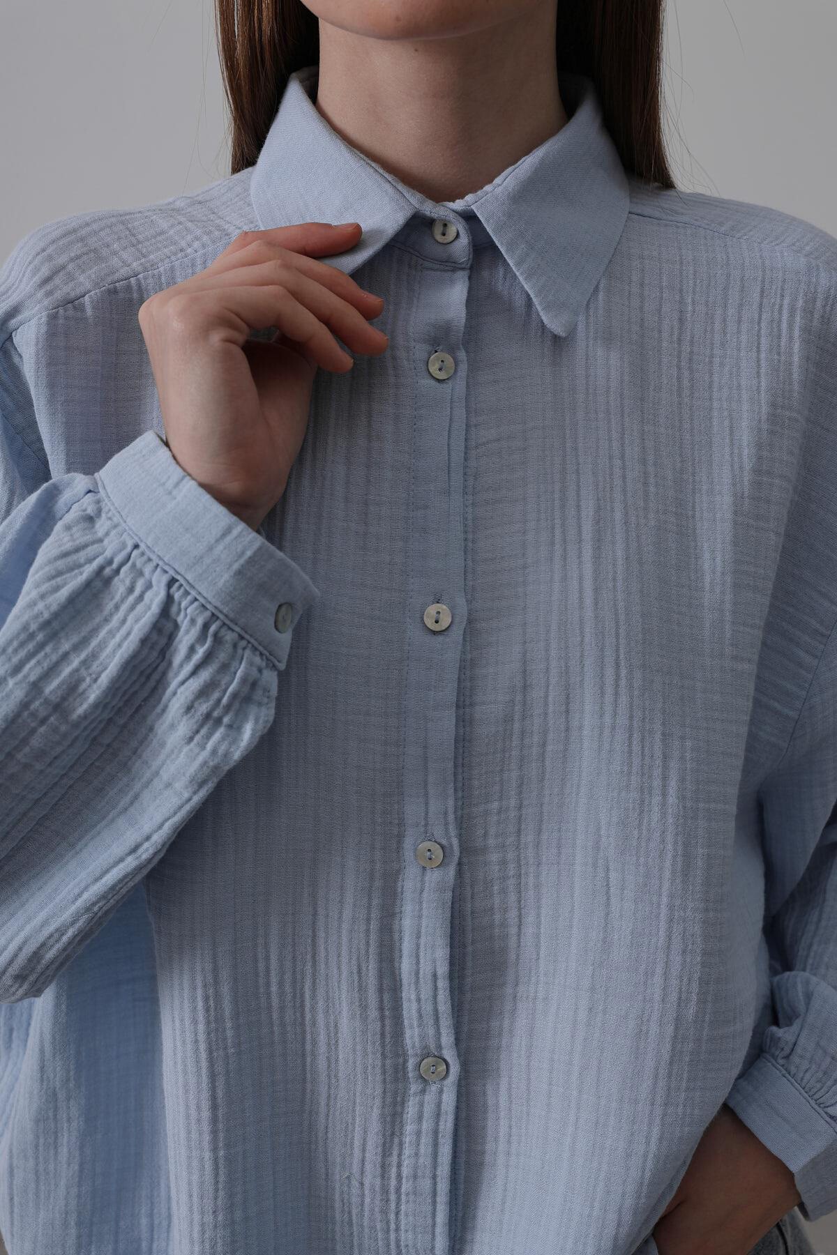 Bebe Mavisi Uzun Kol Oversize Gömlek