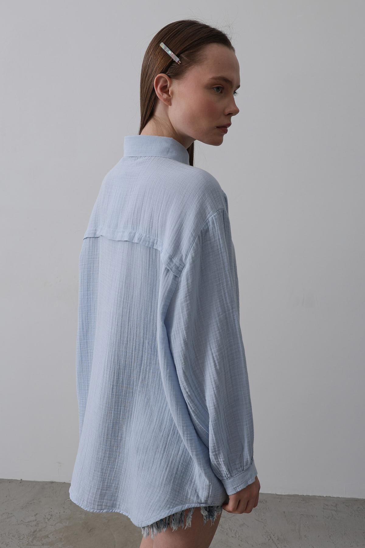 Bebe Mavisi Uzun Kol Oversize Gömlek