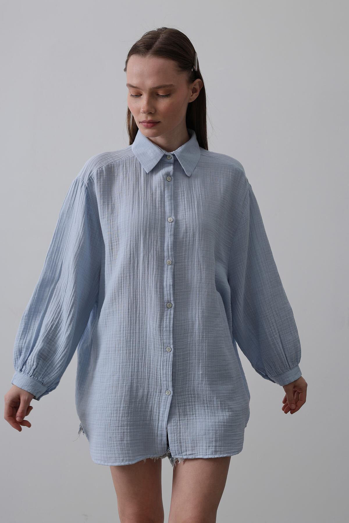 Bebe Mavisi Uzun Kol Oversize Gömlek