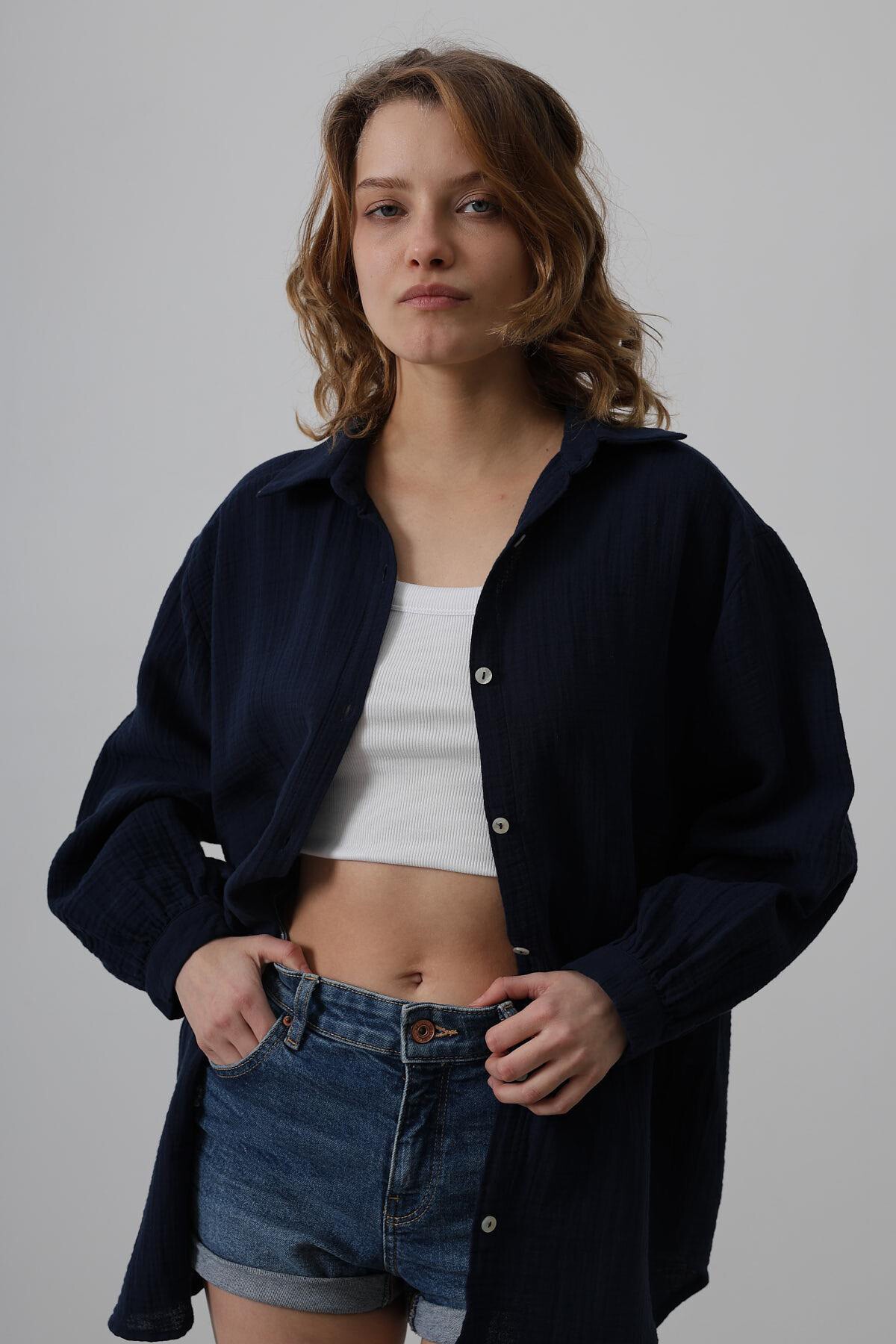 Lacivert Uzun Kol Oversize Gömlek