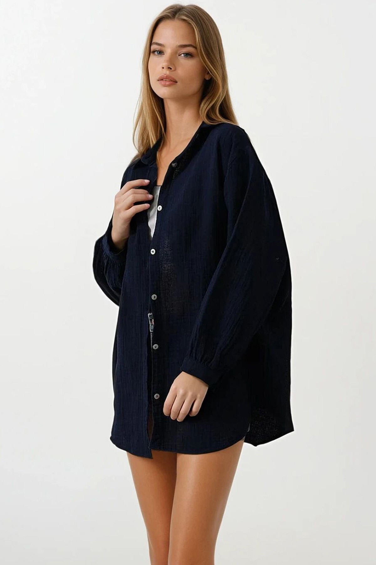 Lacivert Uzun Kol Oversize Gömlek