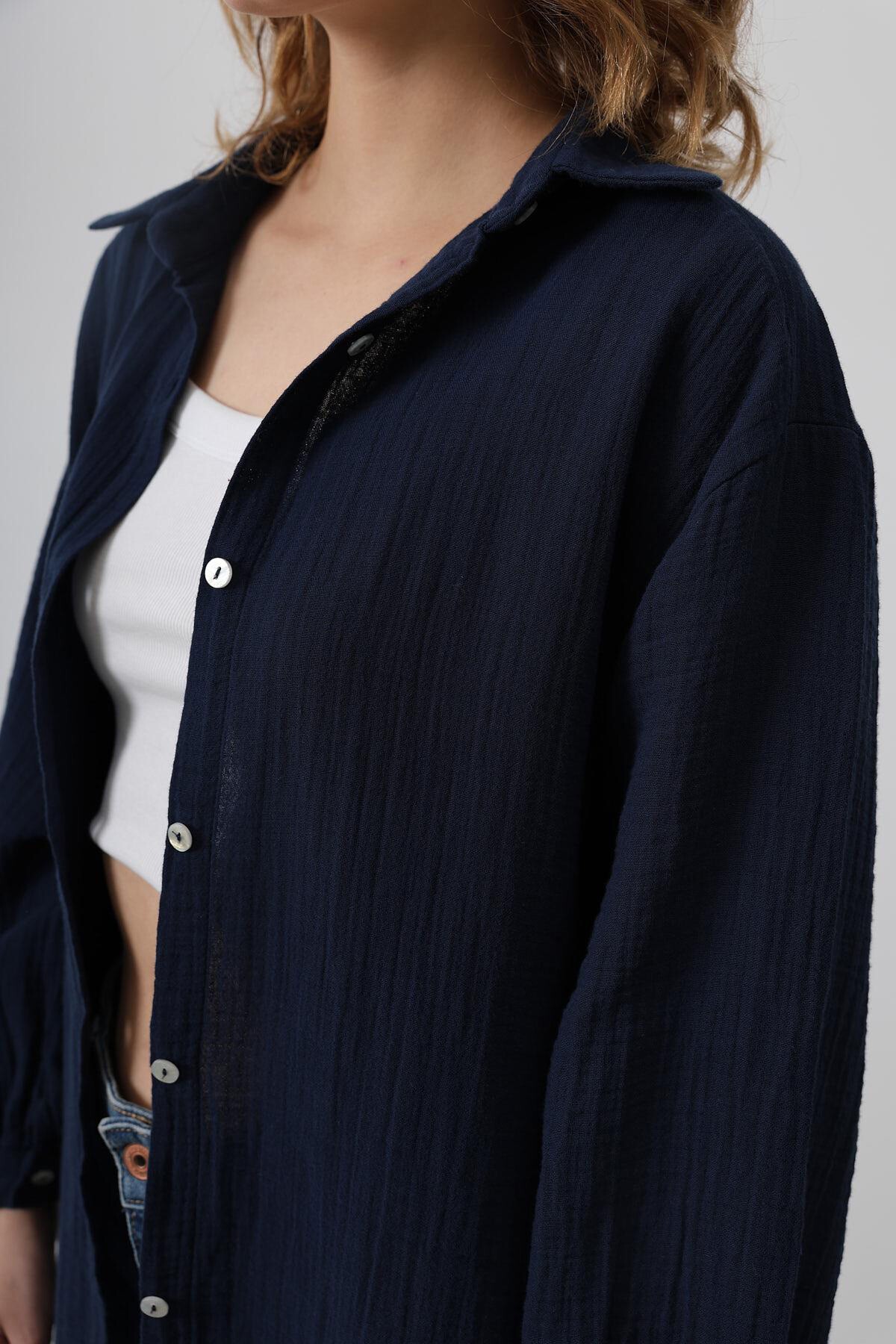 Lacivert Uzun Kol Oversize Gömlek