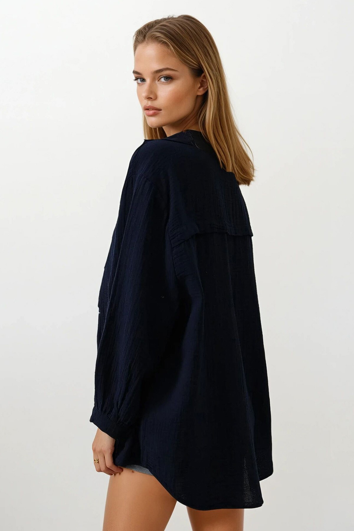 Lacivert Uzun Kol Oversize Gömlek
