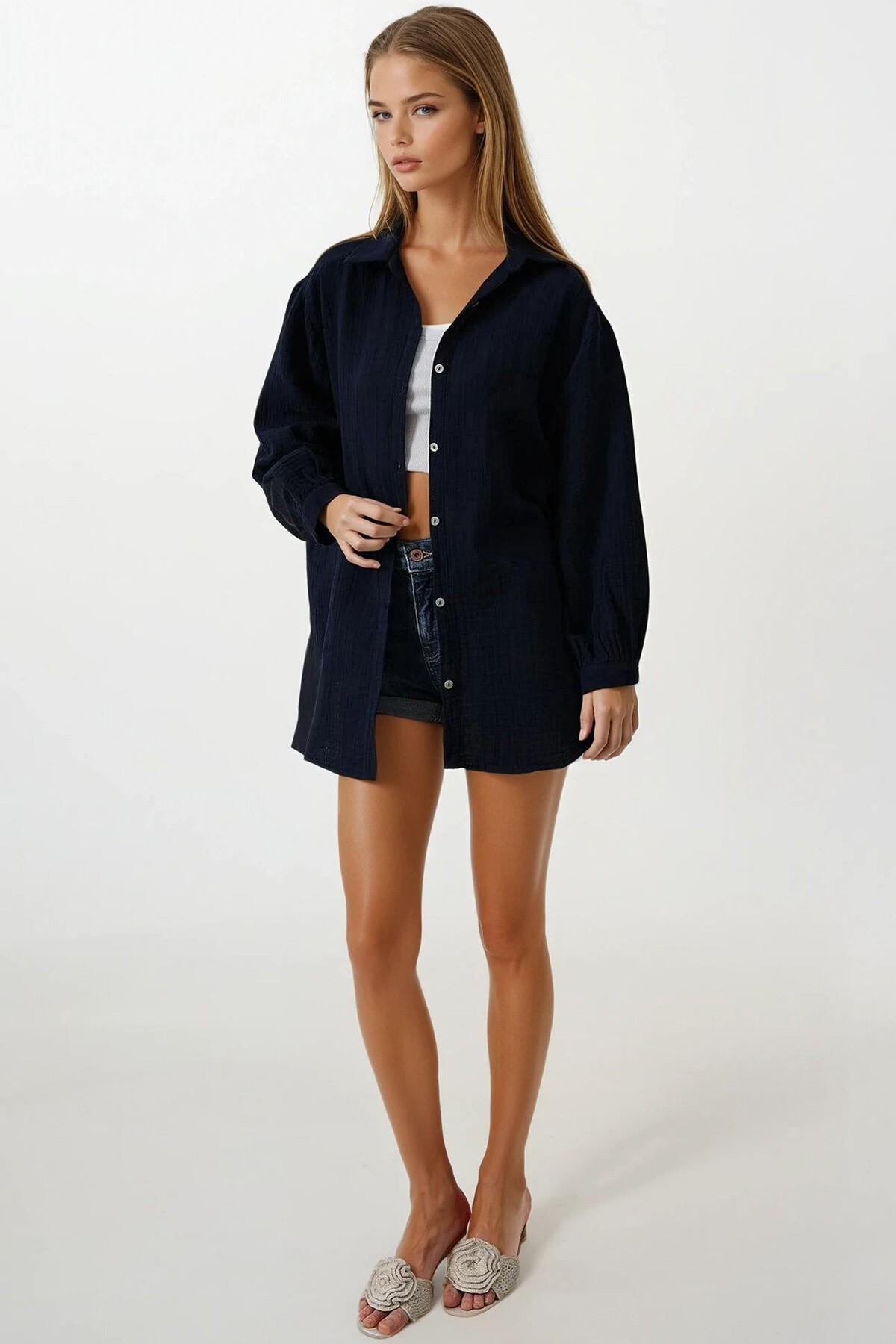 Lacivert Uzun Kol Oversize Gömlek