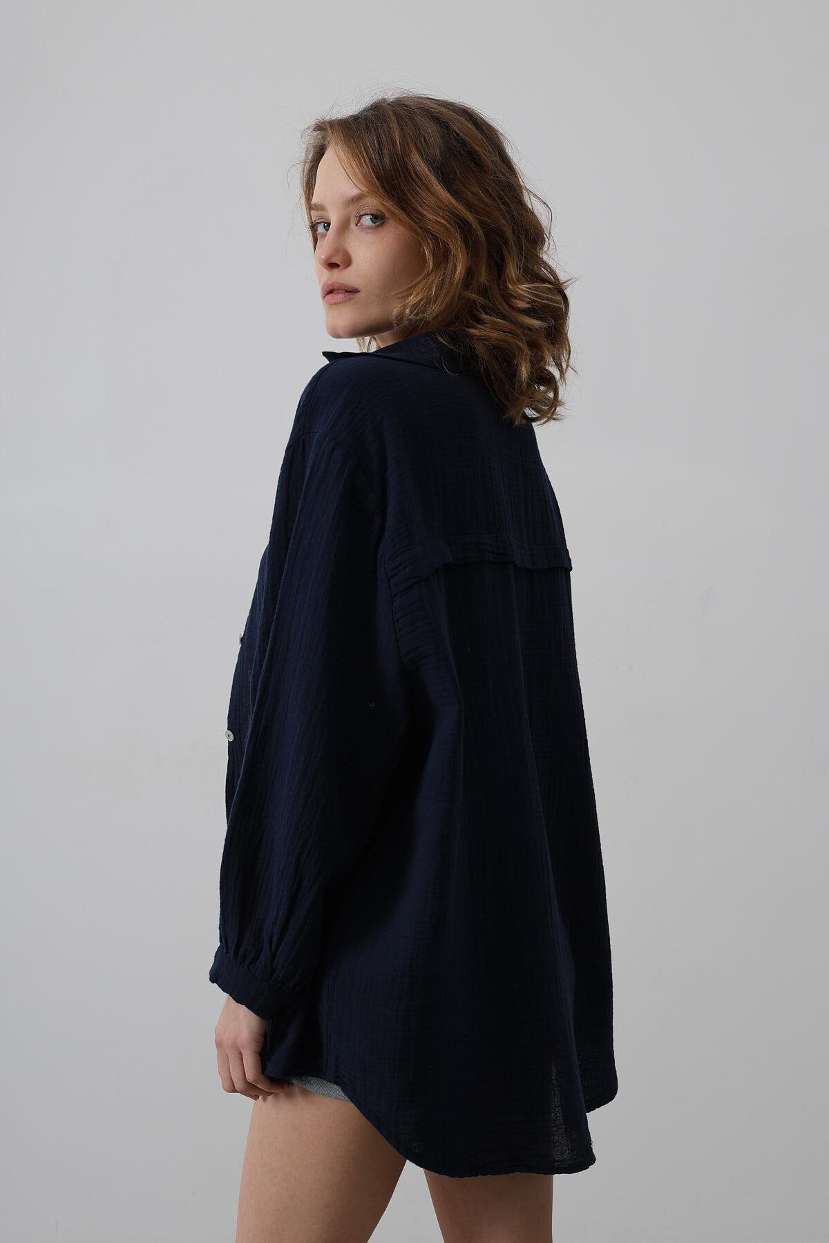 Lacivert Uzun Kol Oversize Gömlek