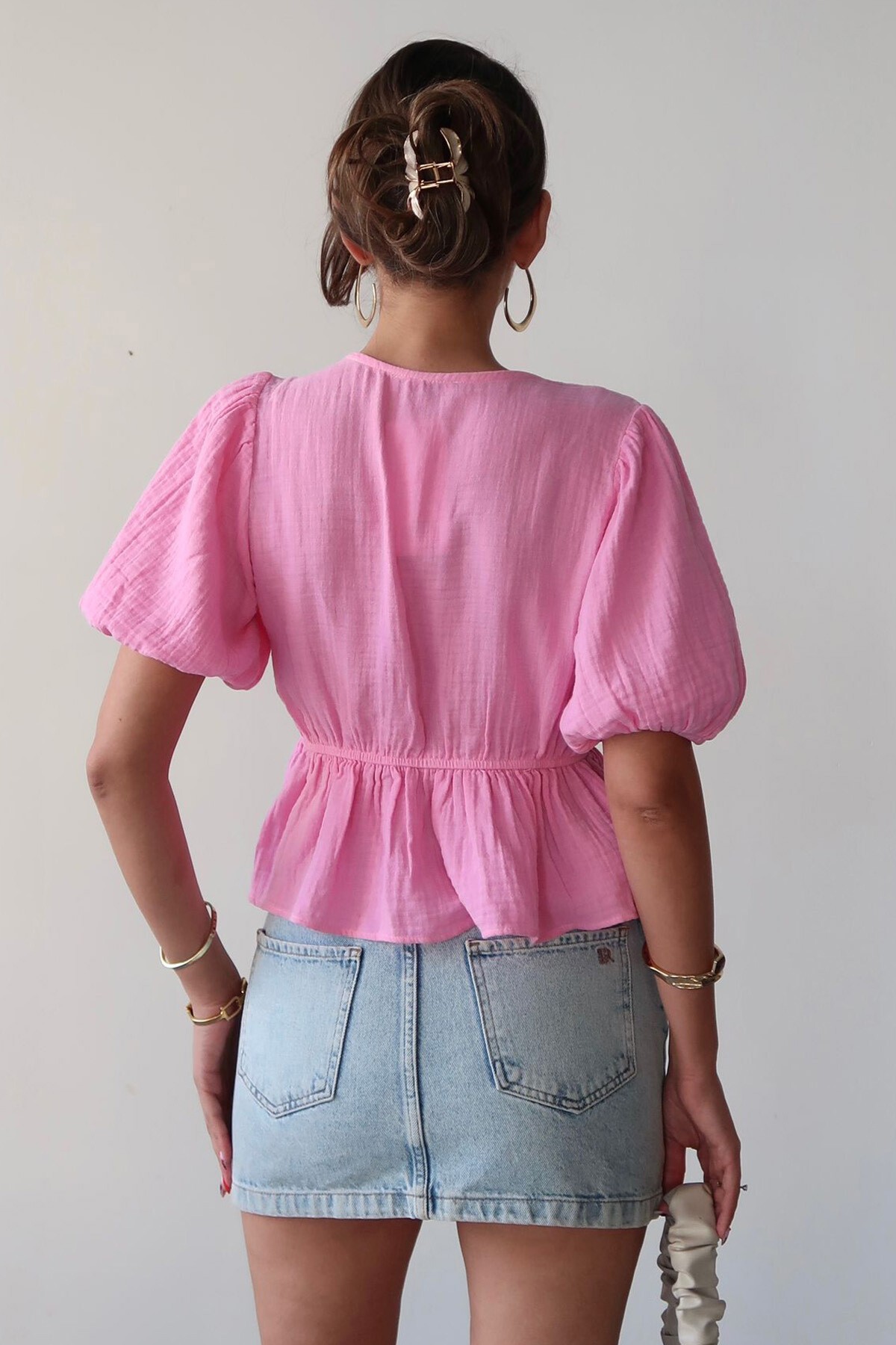 Pembe V Yaka Yarım Kol Önden Bağlamalı Bluz