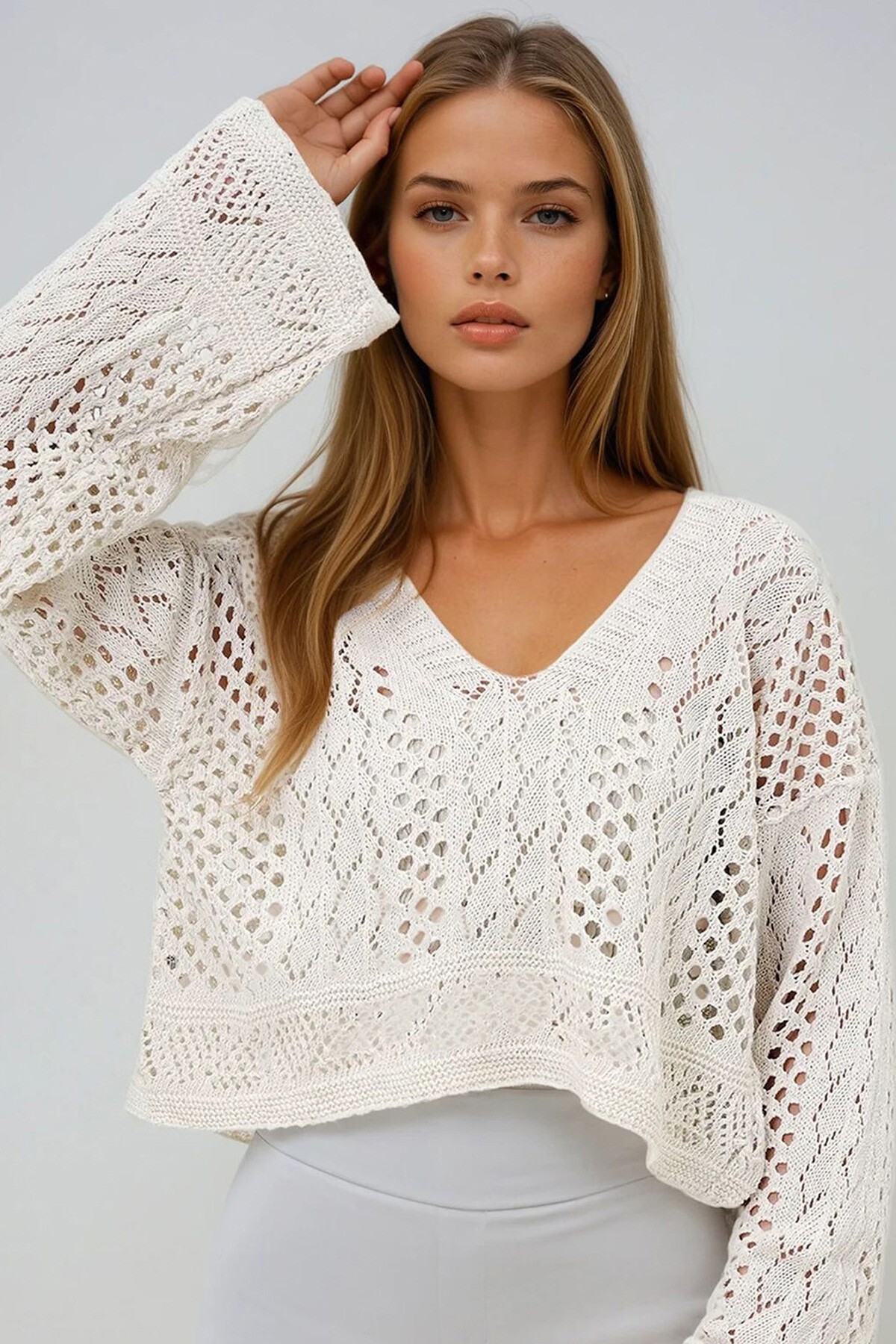 Vanilya V Yaka Saç Örgü Desenli Yazlık Trico Crop Bluz