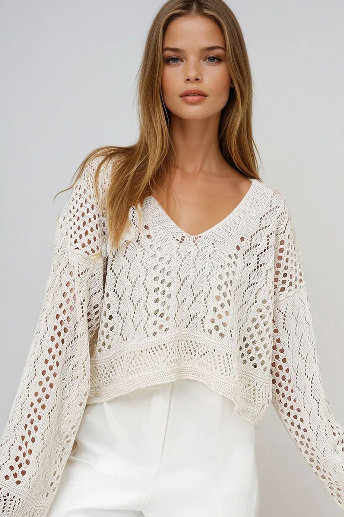 Vanilya V Yaka Saç Örgü Desenli Yazlık Trico Crop Bluz