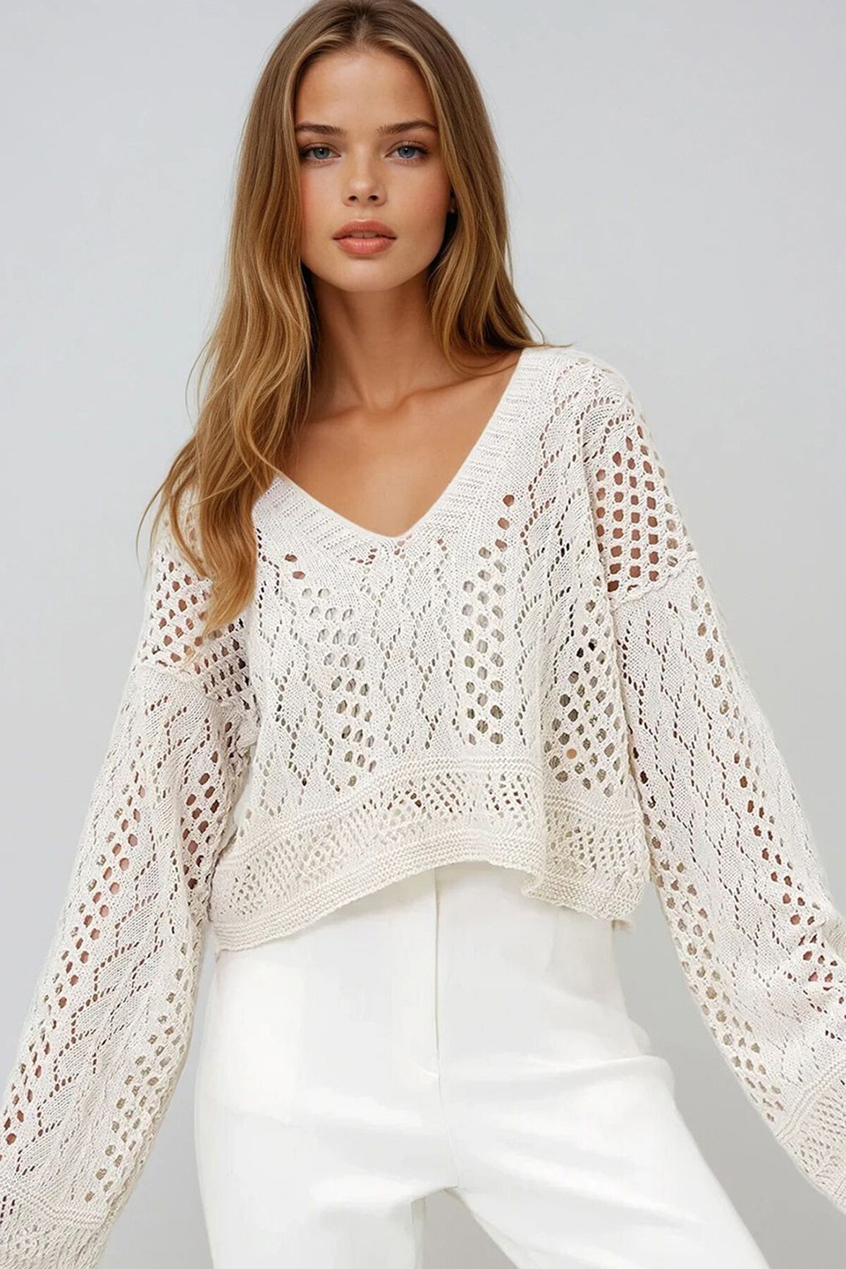 Vanilya V Yaka Saç Örgü Desenli Yazlık Trico Crop Bluz