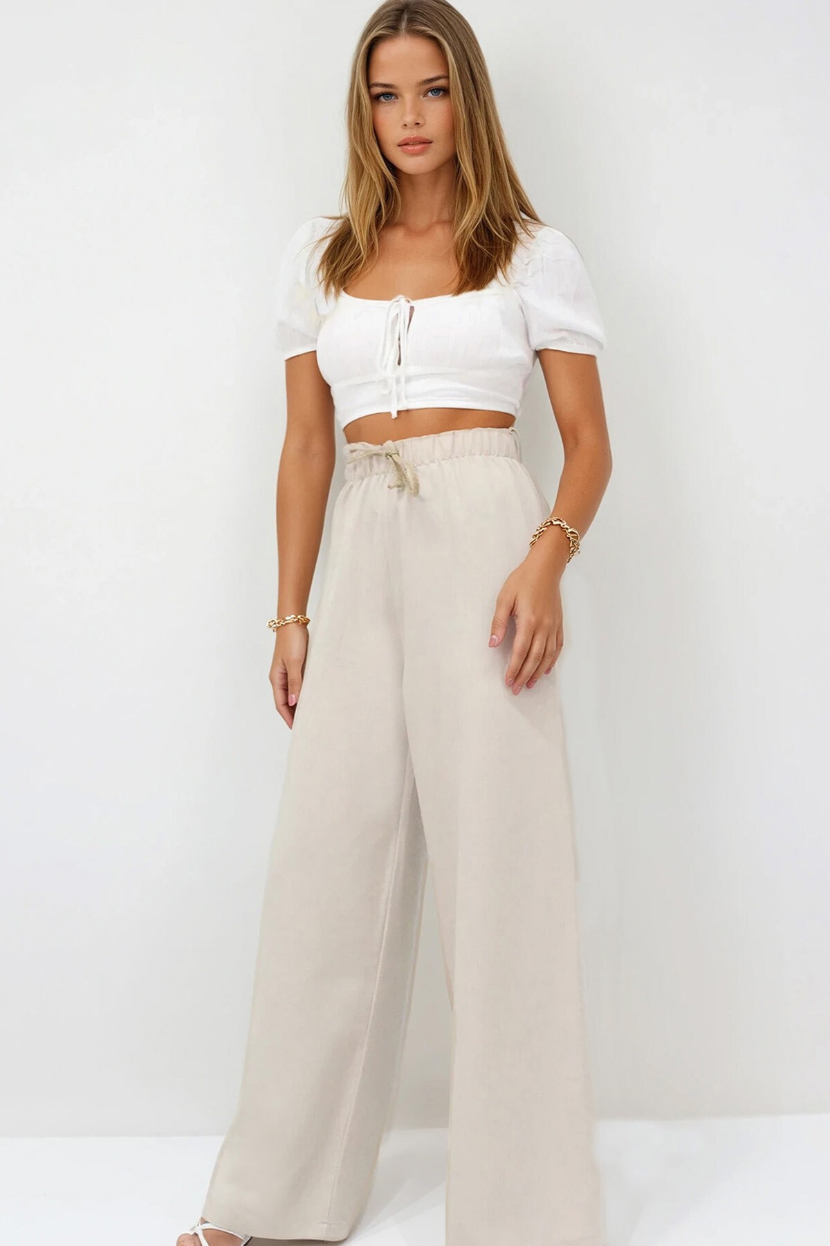 Vizon Beli Lastikli Bağcıklı Keten Palazzo Pantolon