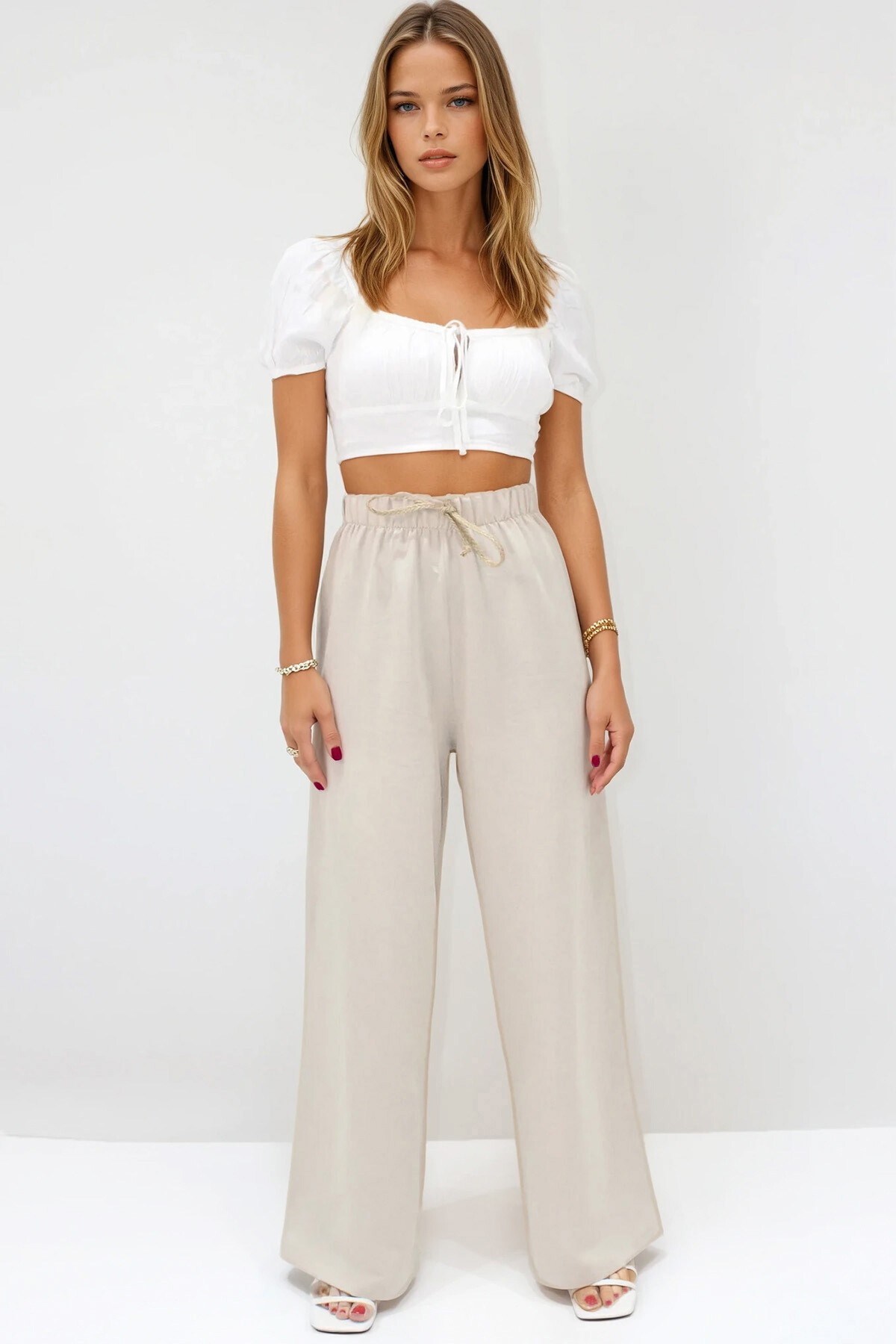 Vizon Beli Lastikli Bağcıklı Keten Palazzo Pantolon