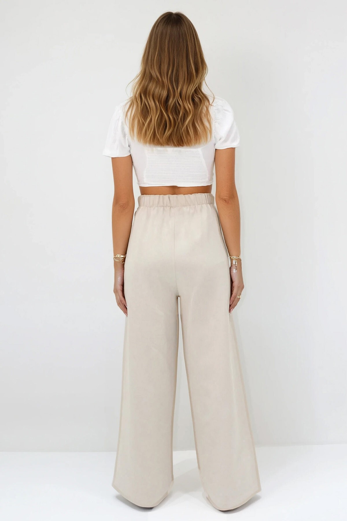 Vizon Beli Lastikli Bağcıklı Keten Palazzo Pantolon