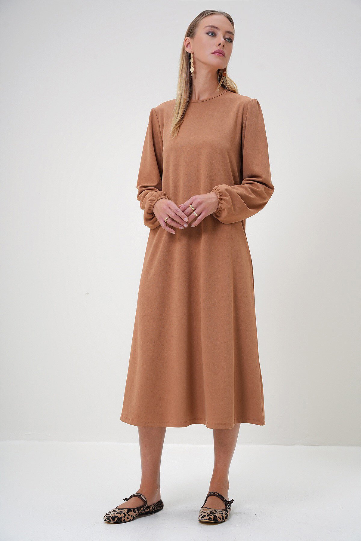 Vizon Bisiklet Yaka Maxi Box Crep Örme Elbise