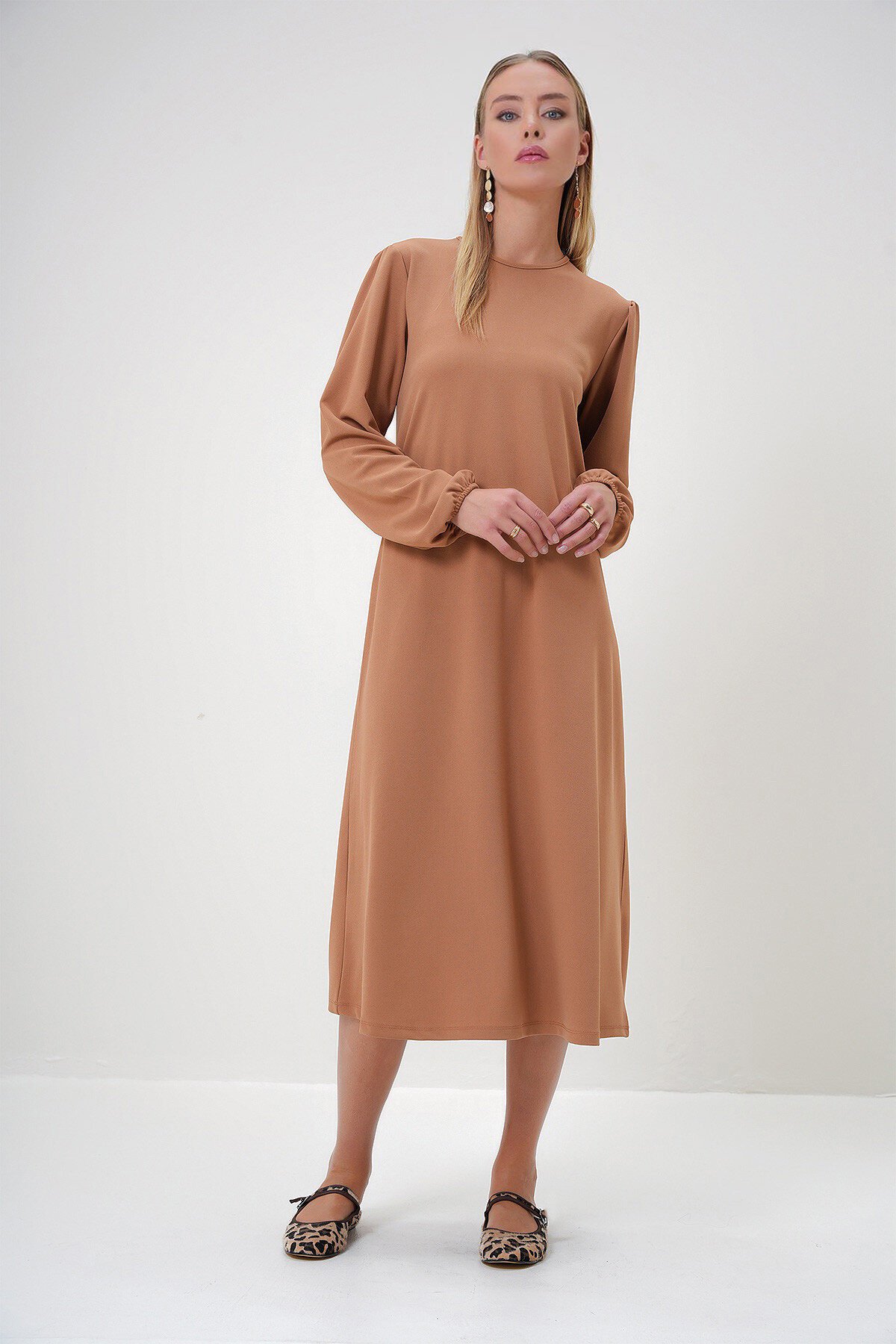 Vizon Bisiklet Yaka Maxi Box Crep Örme Elbise