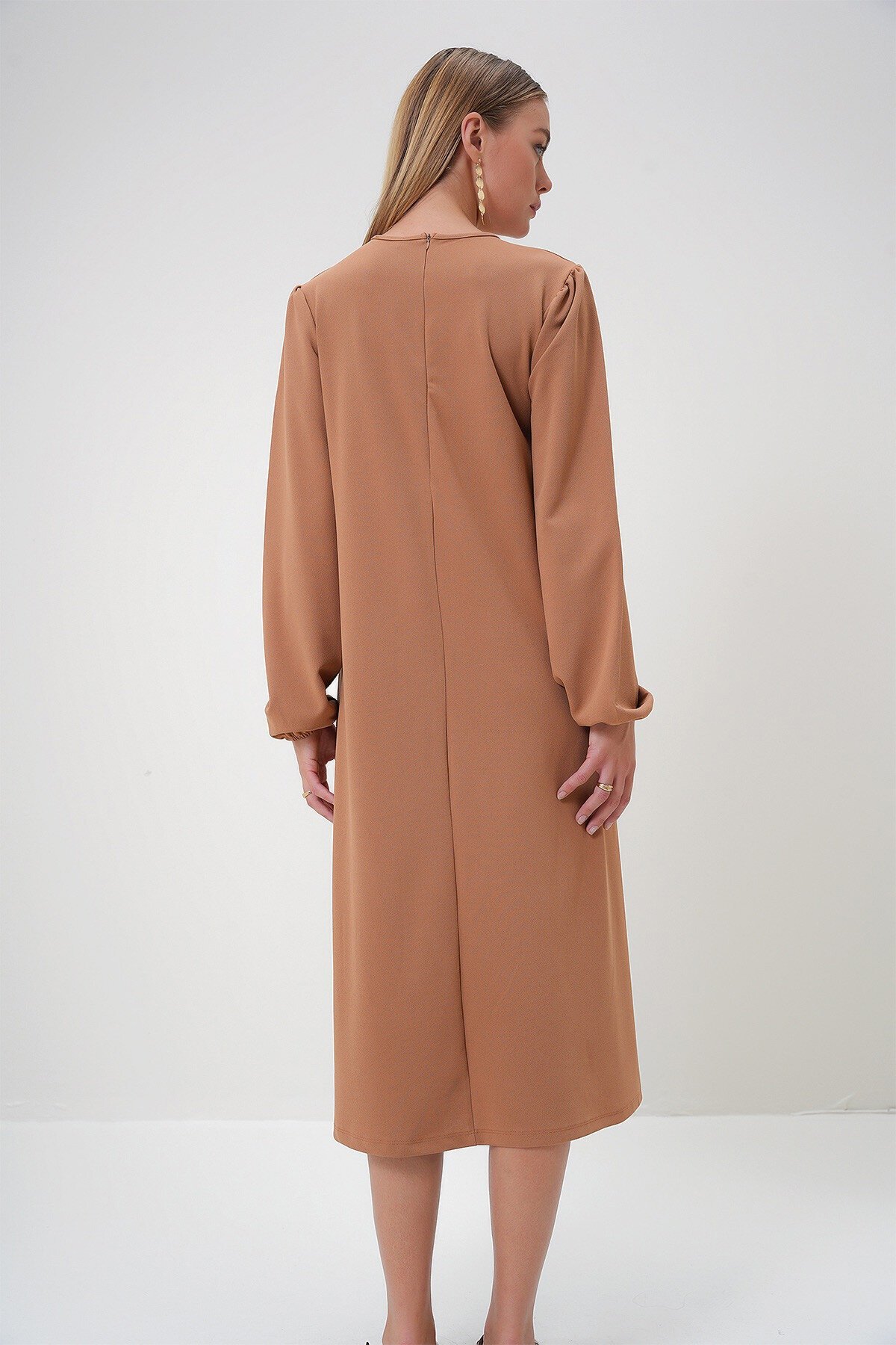 Vizon Bisiklet Yaka Maxi Box Crep Örme Elbise