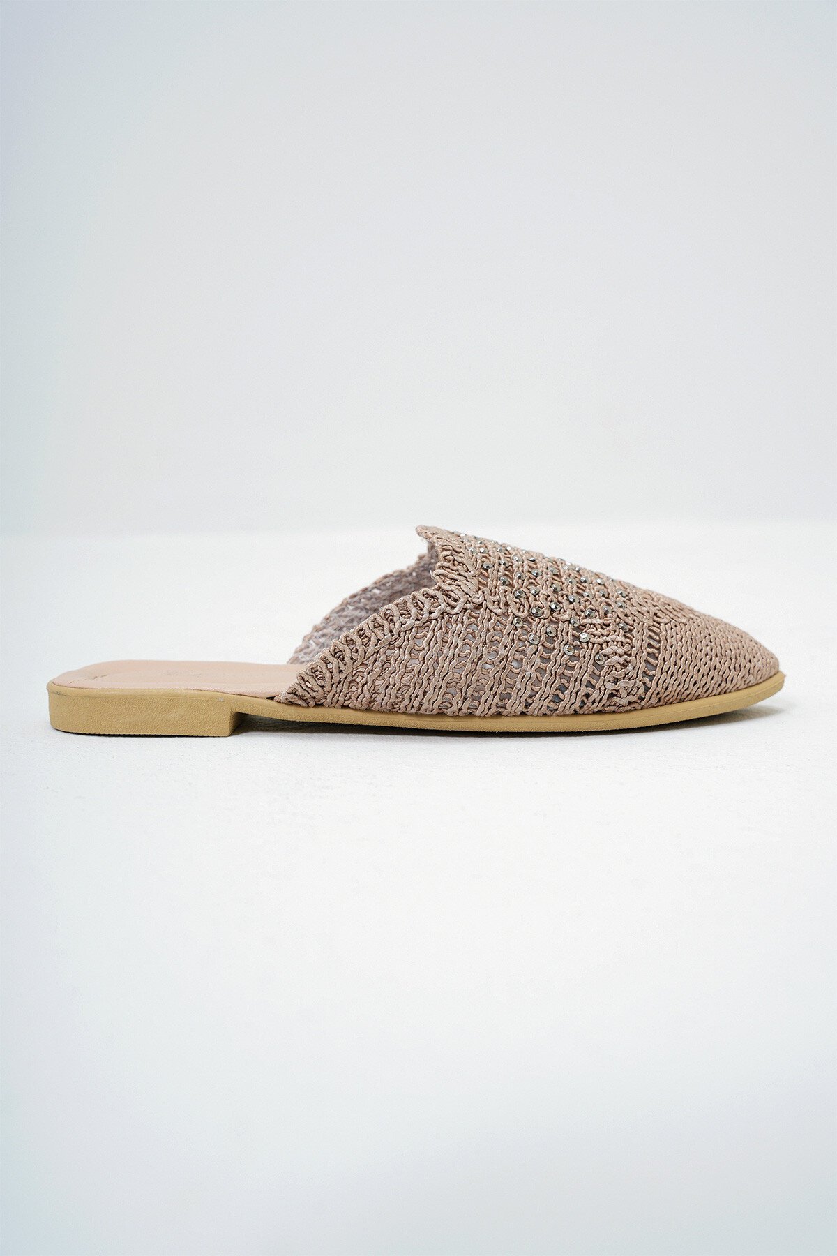 Vizon Boncuk İşlemeli Örme Triko Düz Terlik