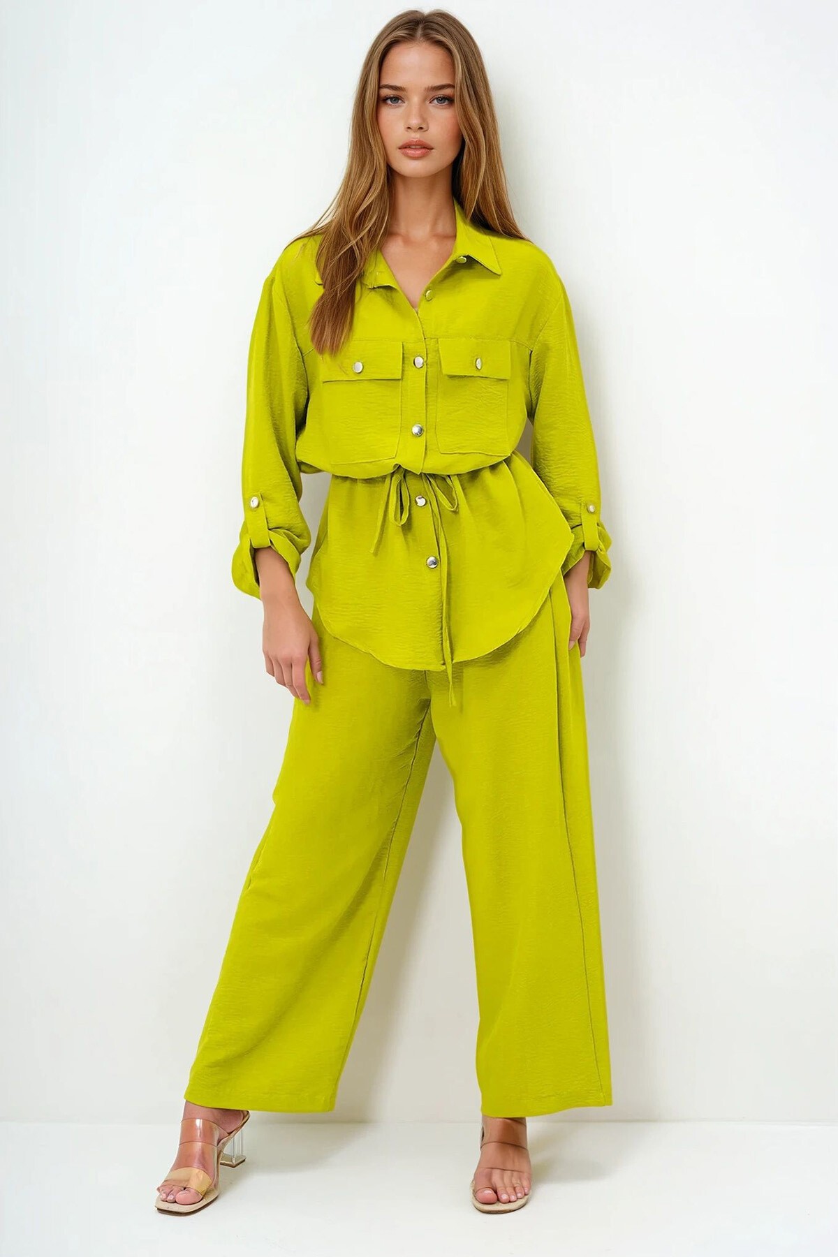 Yağ Yeşili Çift Cepli Safari Ceket Ve Beli Lastikli Wide Leg Aerobin Pantolonlu Takım