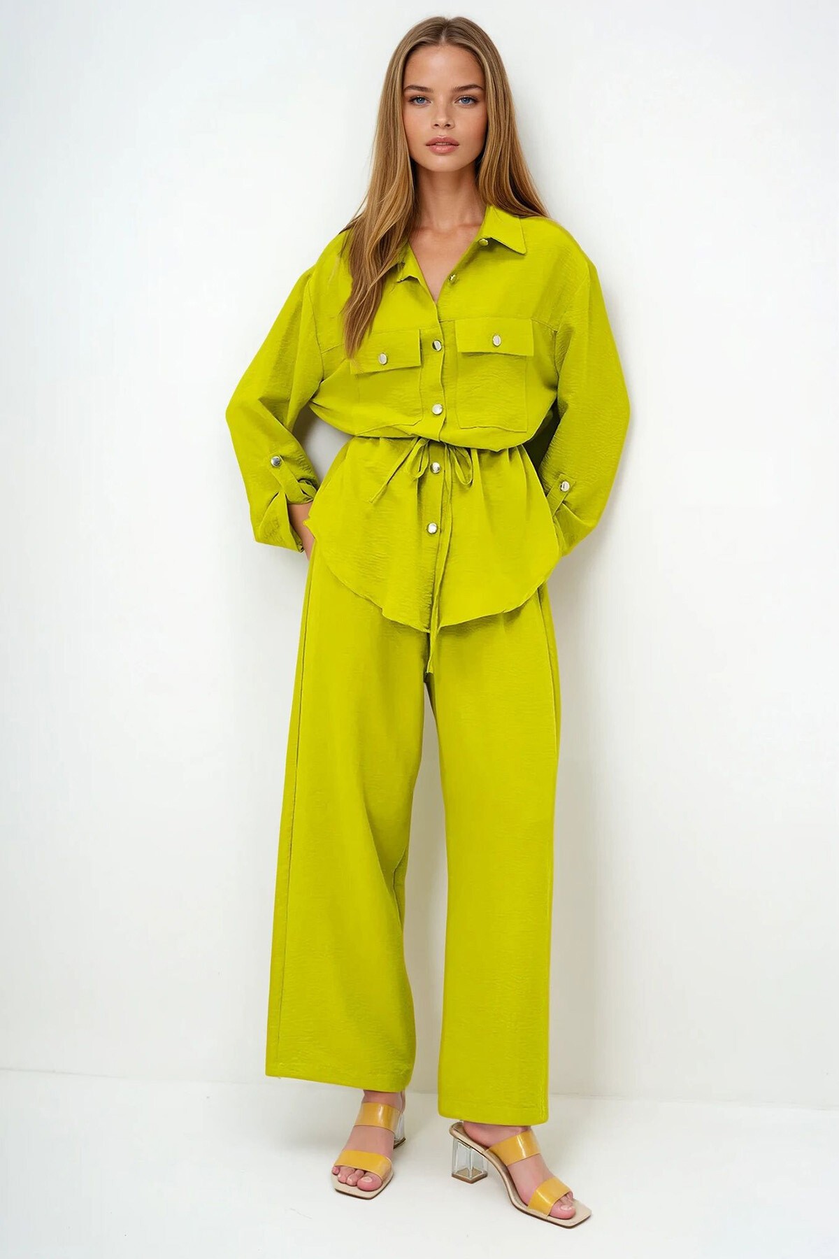 Yağ Yeşili Çift Cepli Safari Ceket Ve Beli Lastikli Wide Leg Aerobin Pantolonlu Takım