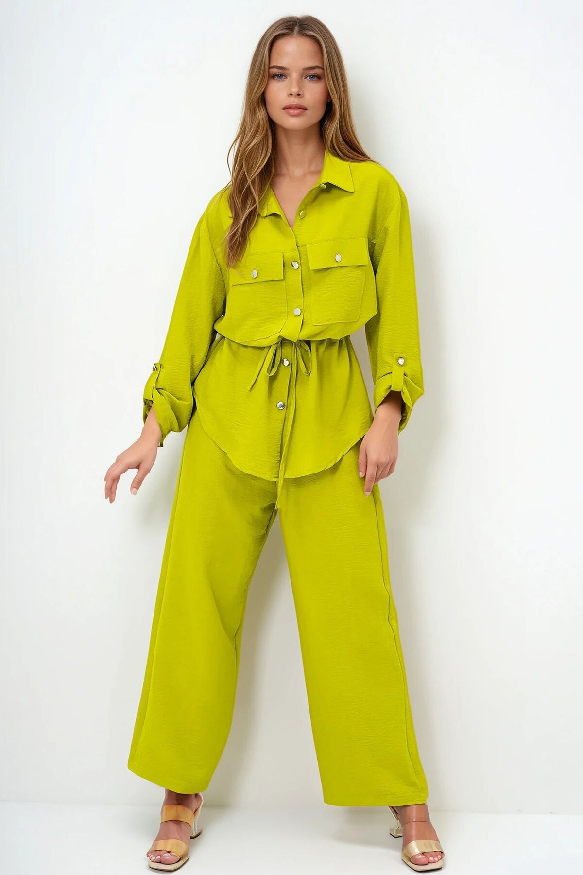 Yağ Yeşili Çift Cepli Safari Ceket Ve Beli Lastikli Wide Leg Aerobin Pantolonlu Takım