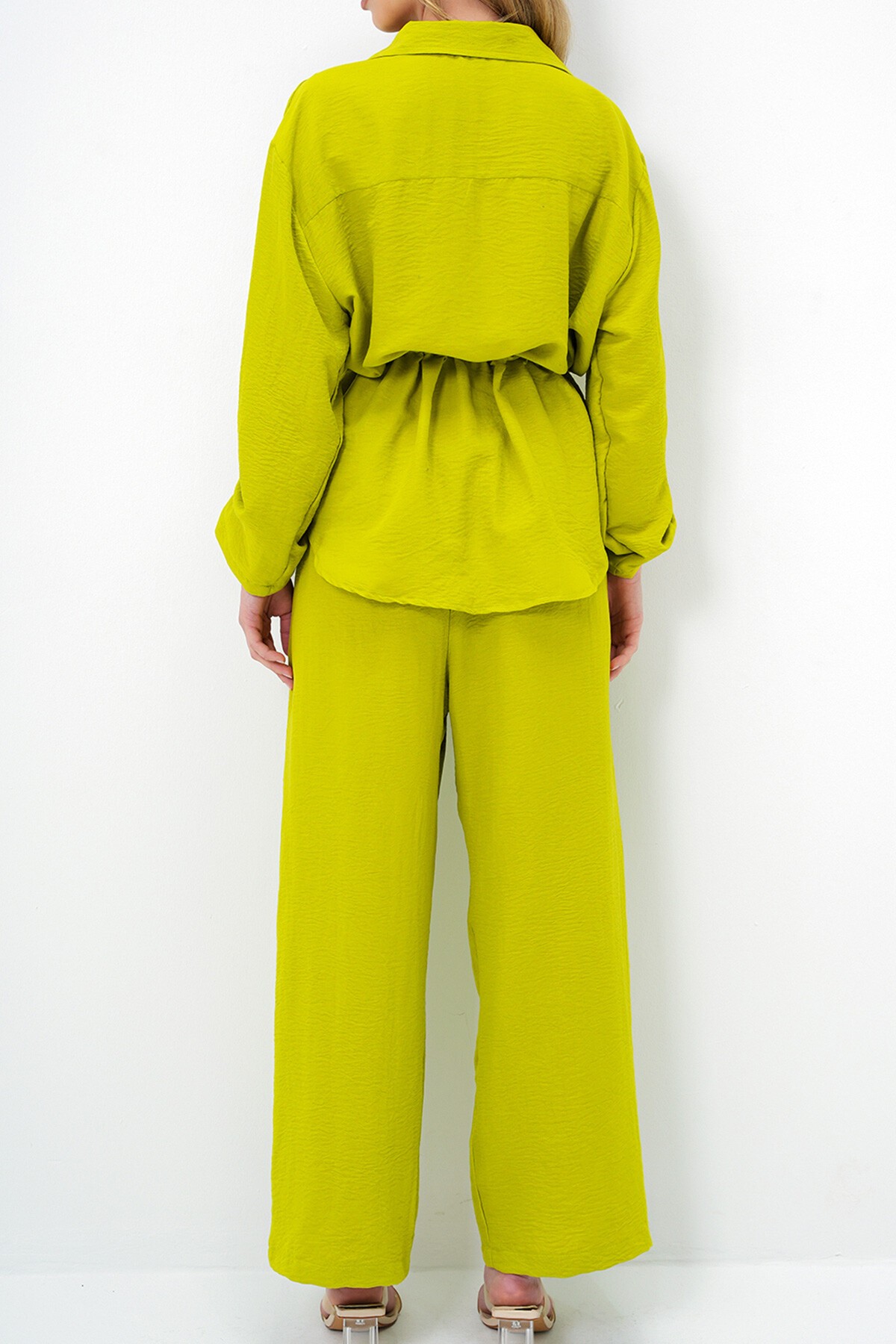 Yağ Yeşili Çift Cepli Safari Ceket Ve Beli Lastikli Wide Leg Aerobin Pantolonlu Takım