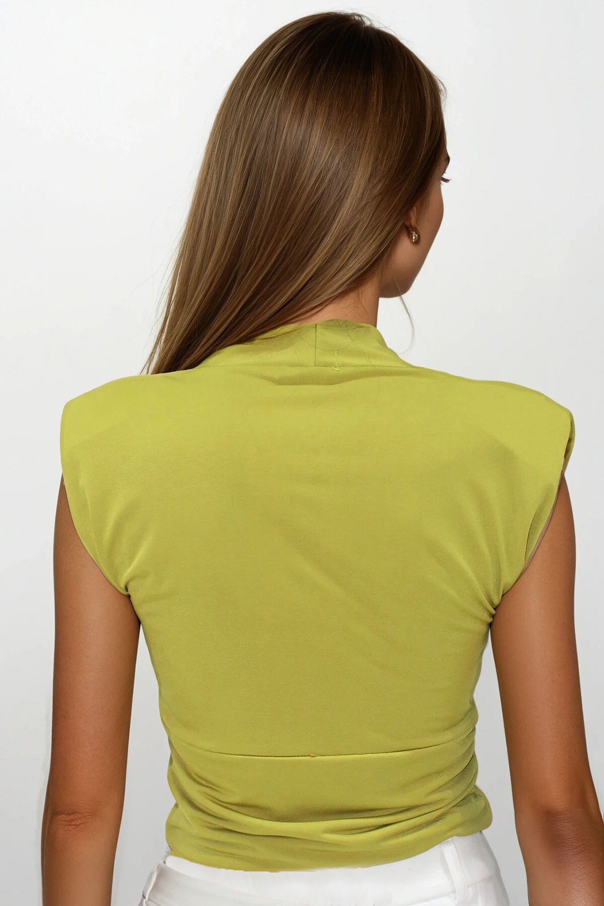 Yağ Yeşili Kruvaze Yaka Vatkalı Yanı Büzgülü Bluz