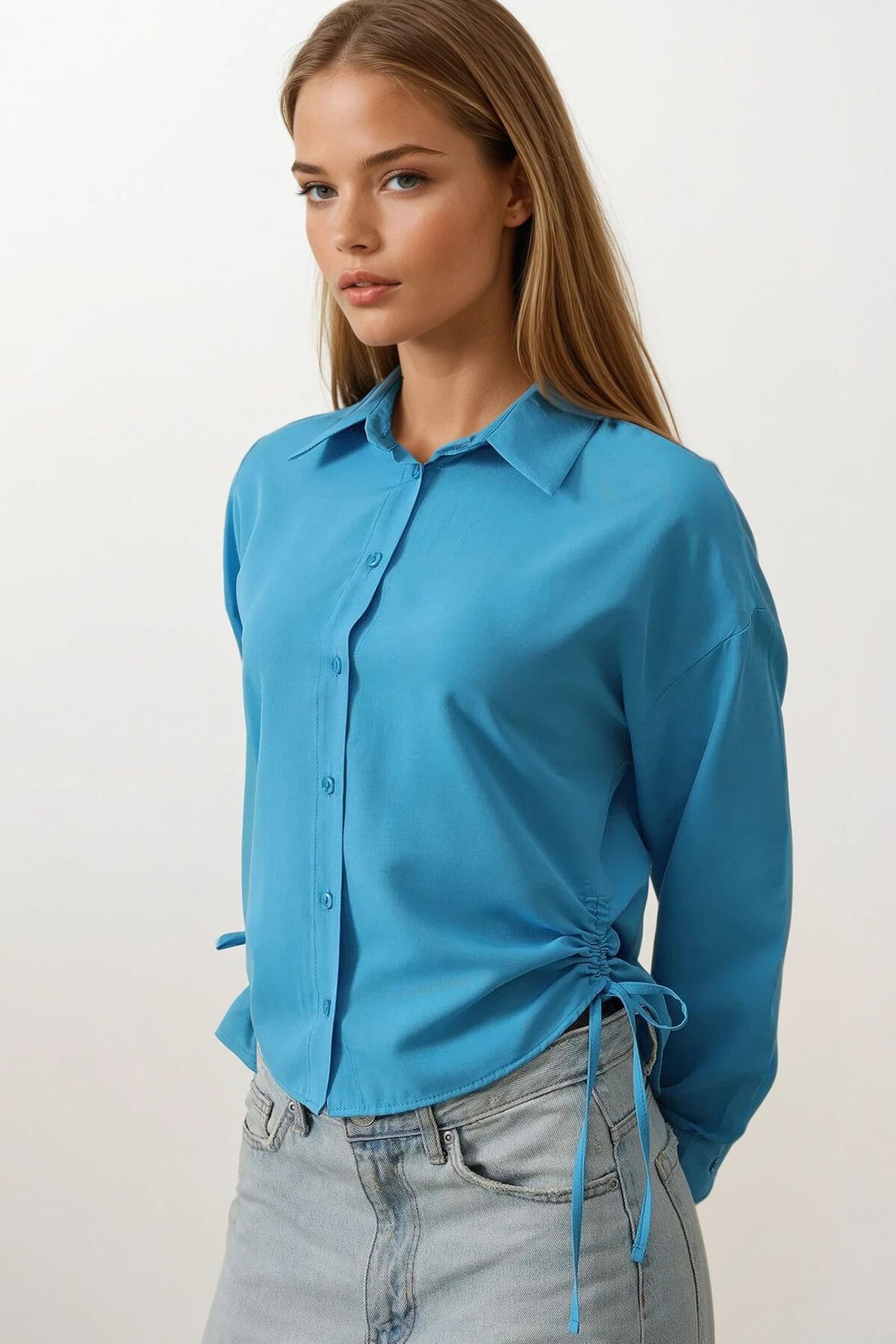 Turkuaz Yanları Bağlamalı Basic Gömlek