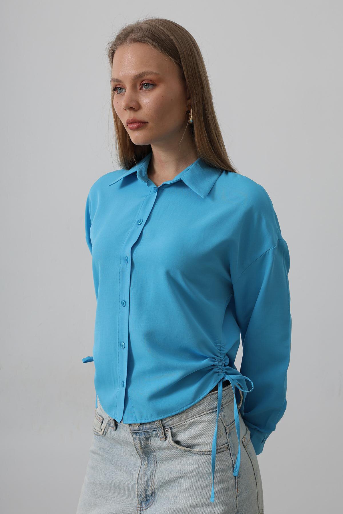Turkuaz Yanları Bağlamalı Basic Gömlek