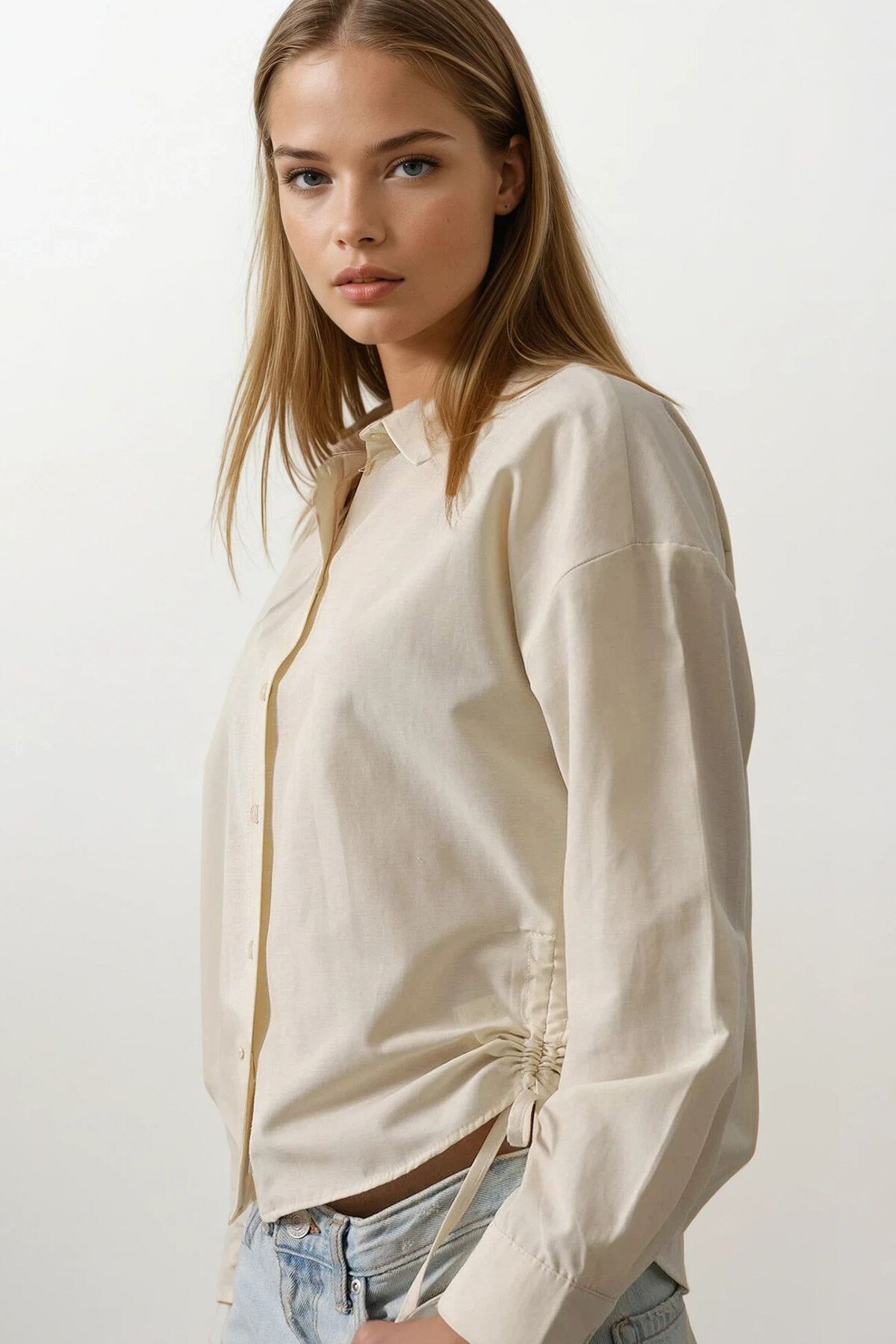 Ekru Yanları Bağlamalı Basic Gömlek