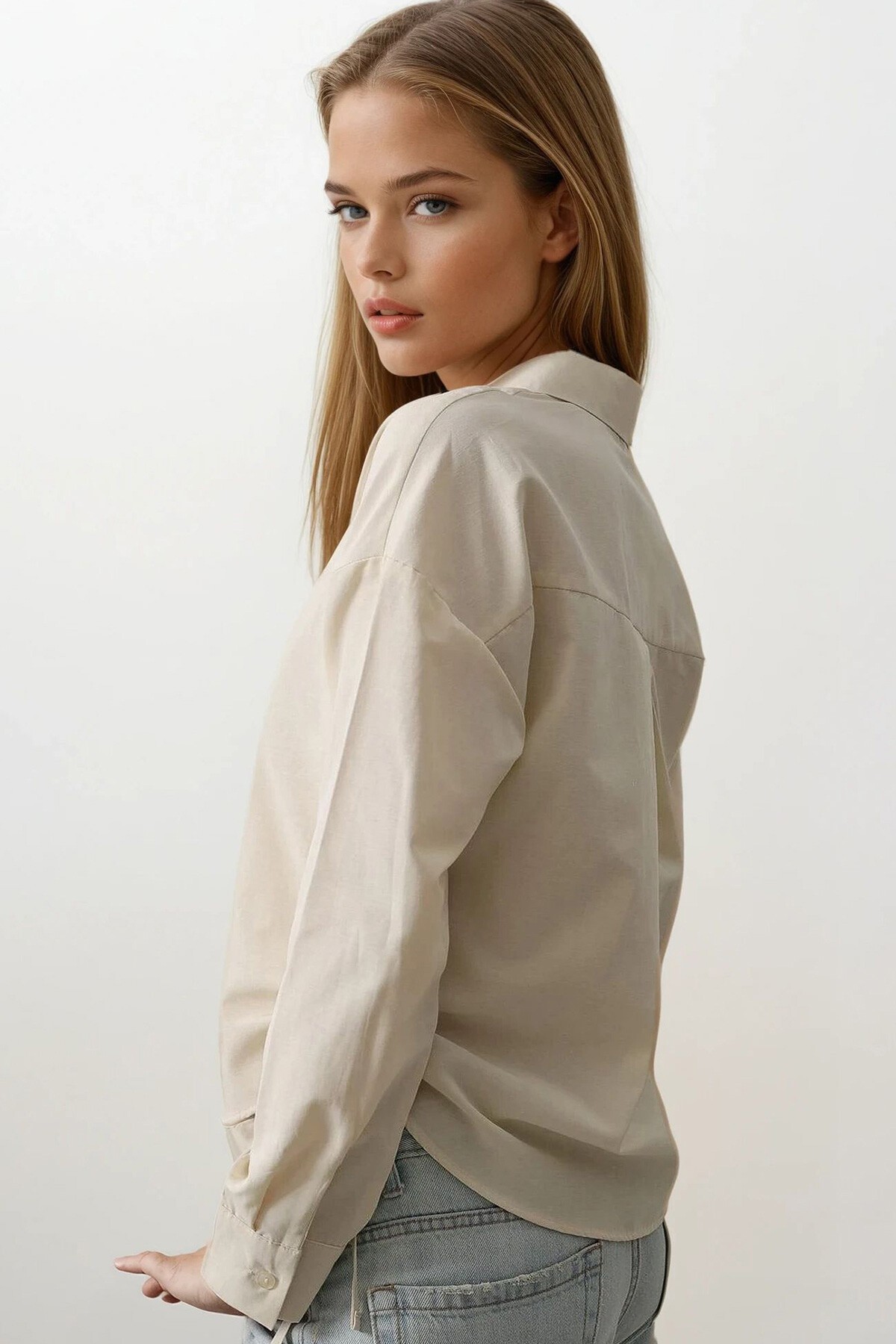Ekru Yanları Bağlamalı Basic Gömlek