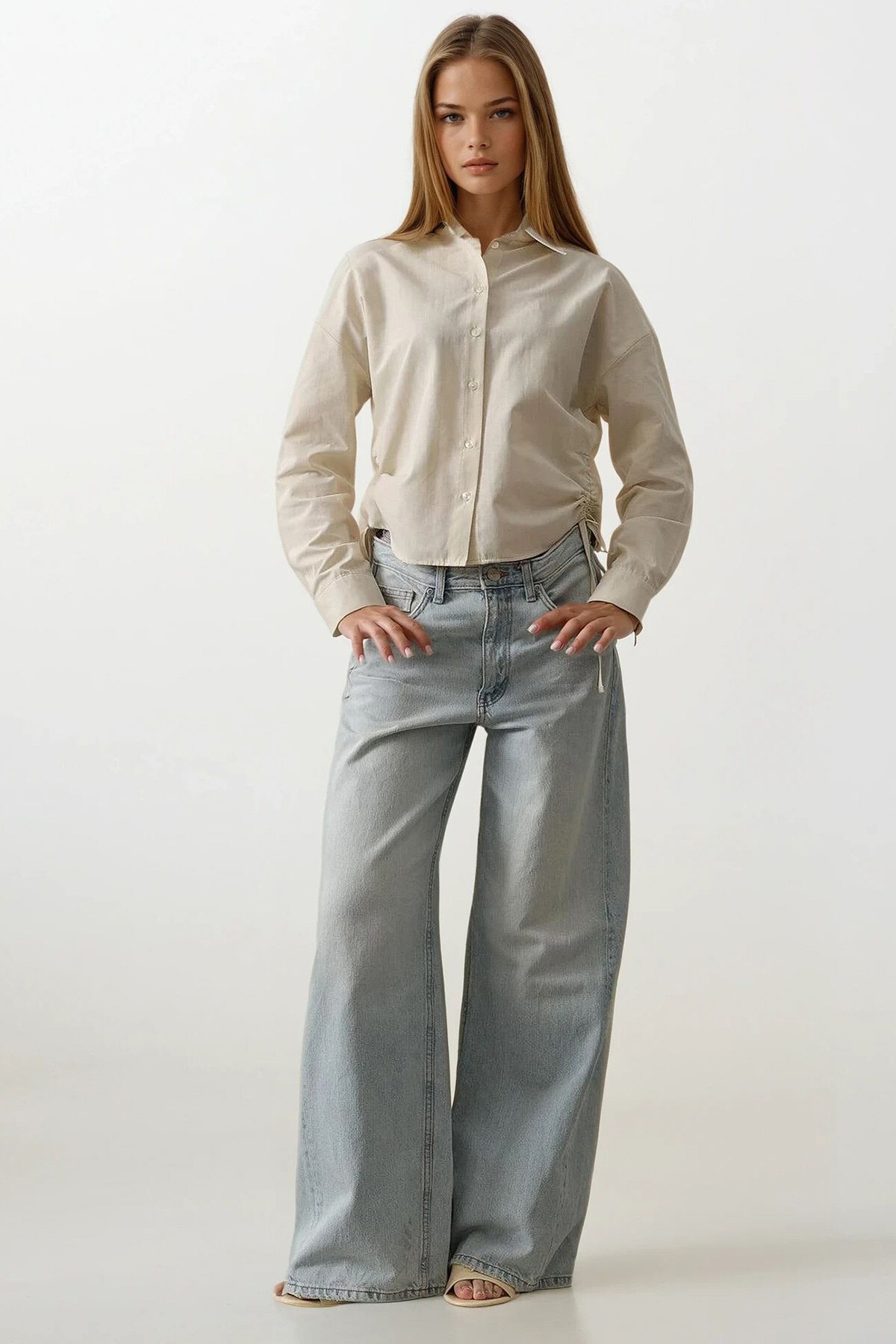 Ekru Yanları Bağlamalı Basic Gömlek