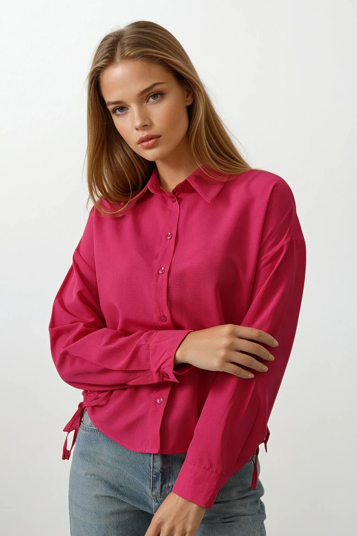 Fuşya Yanları Bağlamalı Basic Gömlek