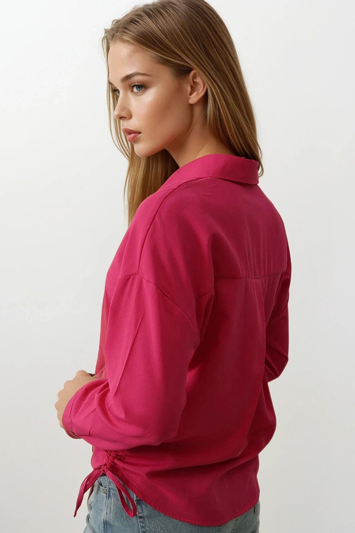 Fuşya Yanları Bağlamalı Basic Gömlek