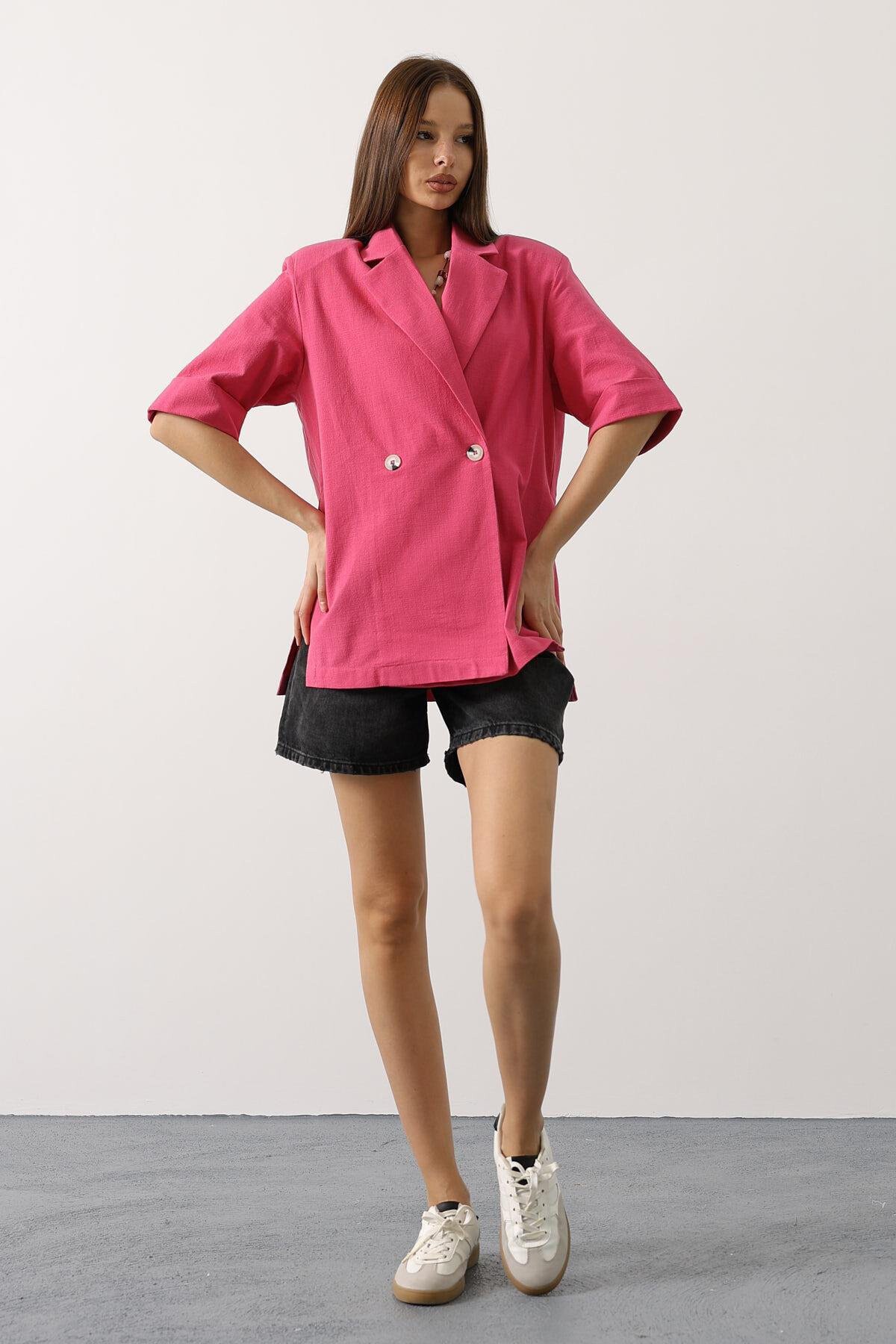 Fuşya Yarım Kol Oversize Yırtmaçlı Ceket