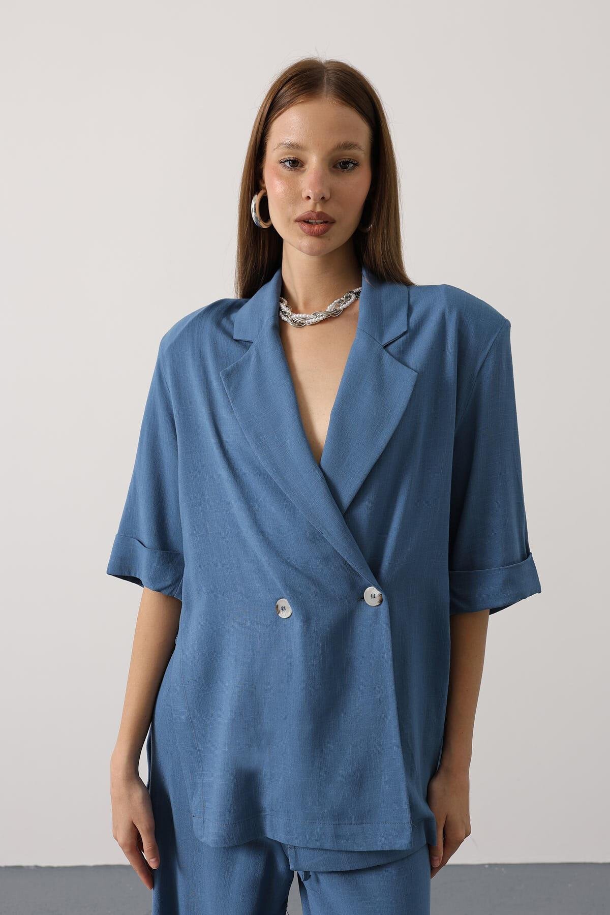 İndigo Yarım Kol Oversize Yırtmaçlı Ceket