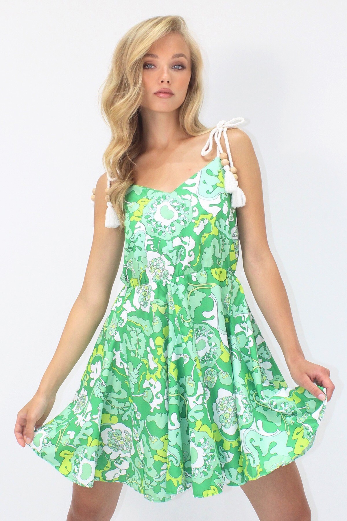Yeşil Askısı Püskül Detaylı Desenli Dokuma Mini Elbise