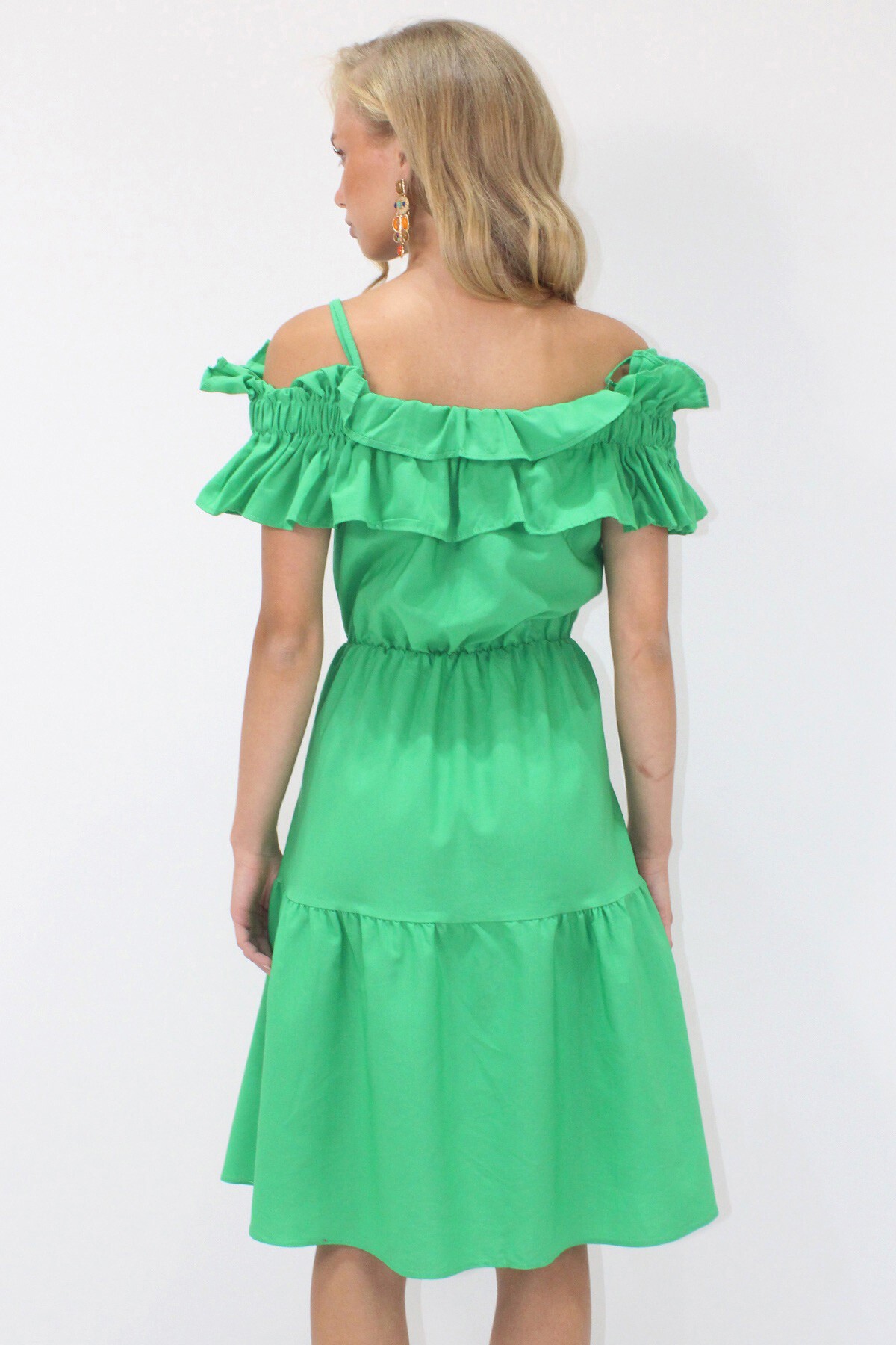 Yeşil Ayarlanabilir Askılı Madonna Yaka Çift Cepli Kat Kat Volanlı Poplin Mini Elbise