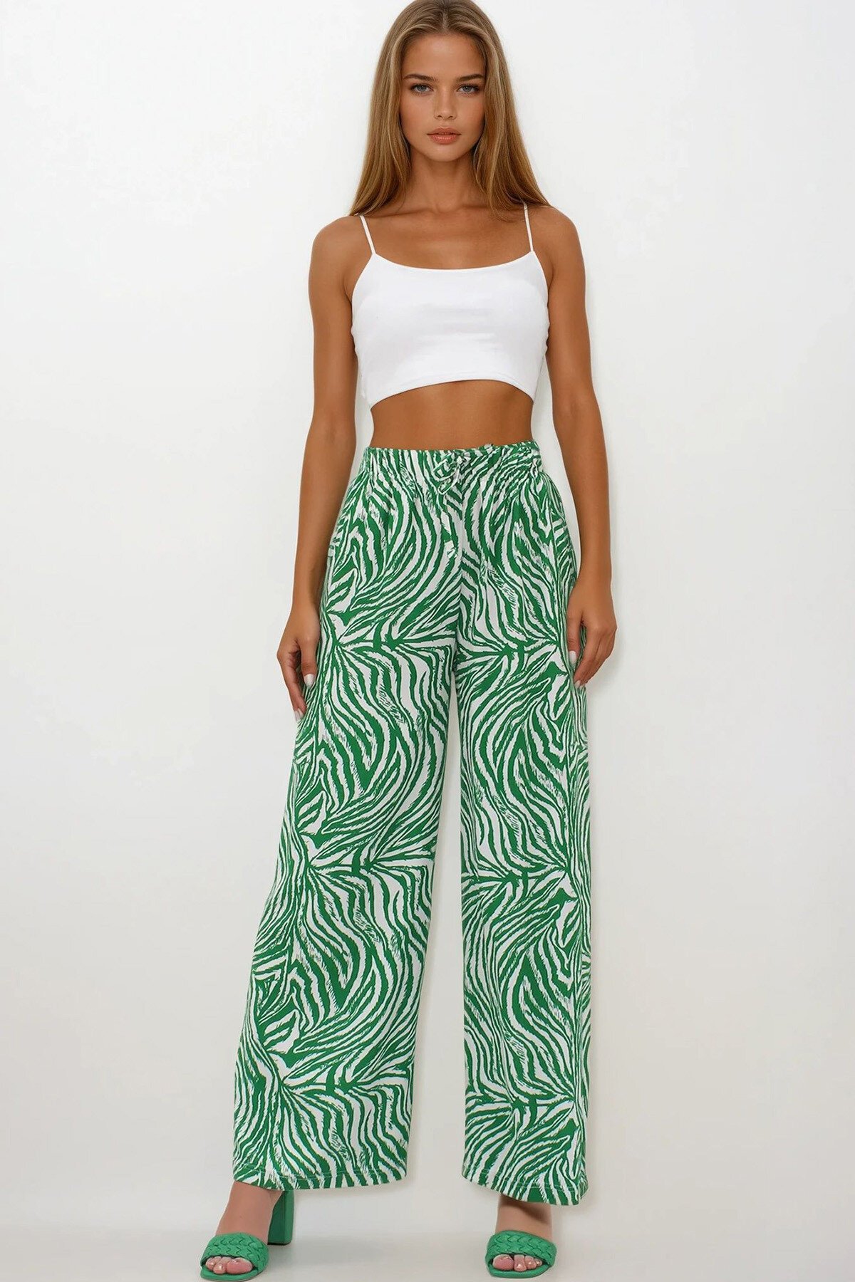 Yeşil Beli Lastikli Keten Palazzo Desenli Pantolon