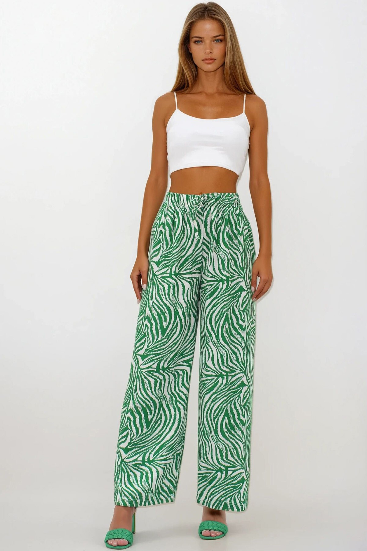 Yeşil Beli Lastikli Keten Palazzo Desenli Pantolon