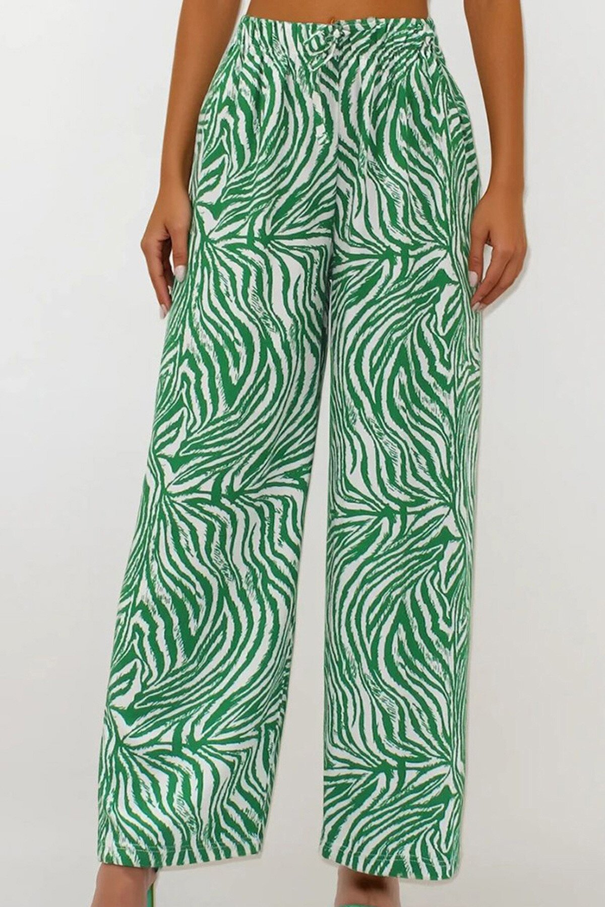 Yeşil Beli Lastikli Keten Palazzo Desenli Pantolon